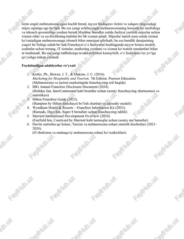 marketing strategiyasi va global rezervatsiya tizimlarini taklif etadi. xizmat sifati o‘rtacha darajada, ammo doimiy va barqaror. mijozlar bu brendga ishonch bildiradi. lokatsiyaga qarab, bu mehmonxonaning yillik daromadi 2 milliondan 10 million dollargacha yetadi. o‘rtacha bandlik darajasi 65–80 foizni tashkil etadi. royalti to‘lovi esa, brutto daromadning 5–6 foiziga teng. franshiza tarmog’idagi kamchiliklar: shunga qaramay, bu modelning kamchiliklari ham mavjud. eng katta kamchiliklardan biri — bu yuqori boshlang‘ich sarmoyadir. ayrim brendlar, masalan marriott yoki hilton tarmoqlari uchun sarmoya miqdori 10 million dollardan 30 million dollargacha yetishi mumkin. ikkinchidan, brend qoidalari juda qat’iy bo‘lib, dizayn, xizmat, menyu va barcha operatsiyalar franchayzer talablariga to‘liq mos bo‘lishi kerak. uchinchi kamchilik — bu royalti va boshqa to‘lovlar. franchayzi har yili brutto daromadining bir necha foizini franchayzerga to‘lashi shart. to‘rtinchidan, franchayzi erkinligi cheklangan bo‘ladi. mahalliy bozordagi o‘zgarishlar yoki yangiliklarni franchayzer ruxsatisiz kiritish mumkin emas. oxirgi kamchilik — bu brend xavfidir. agar boshqa hududlardagi franchayzilar sifat jihatidan sust …
