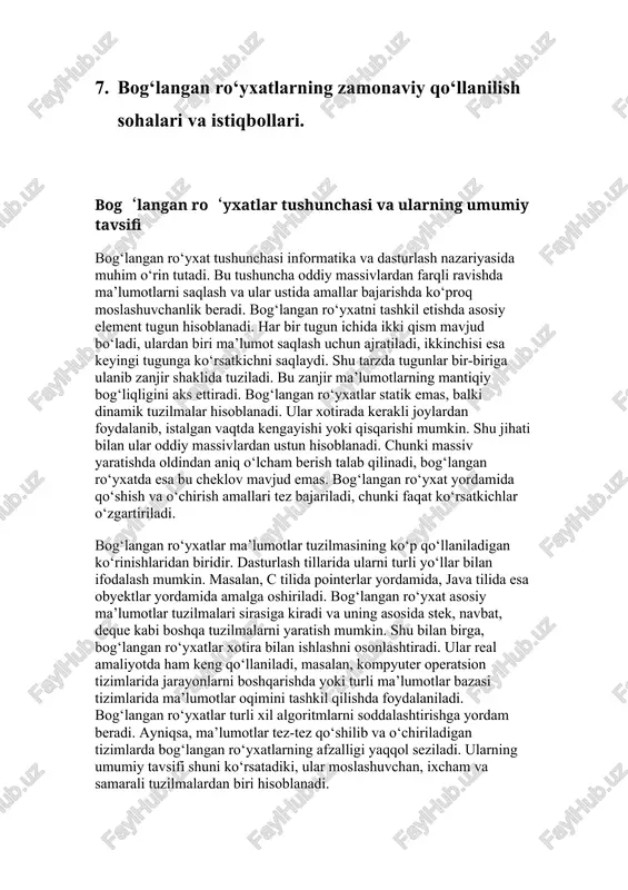 ko‘rinishlarda esa qo‘shimcha ko‘rsatkichlar, mantiqiy belgilar yoki maxsus bosh tugun kabi elementlar ishlatiladi. shuningdek, bog‘langan ro‘yxatlar ma’lumotni qanday usulda saqlashiga qarab ham turlicha bo‘lishi mumkin. masalan, faqat raqamli qiymatlar saqlanadigan ro‘yxatlar yoki turli tipdagi obyektlarni saqlash imkonini beruvchi umumiy ro‘yxatlar mavjud. shu asosda ularni amaliyotda qo‘llash sohasi ham farqlanadi. bog‘langan ro‘yxatlar klassifikatsiyasi ularning qaysi vazifada ishlatilishini aniqlashga yordam beradi. oddiy chiziqli bog‘langan ro‘yxat tez-tez qo‘shish va o‘chirish talab qilinadigan joylarda ishlatilsa, ikki tomonlama bog‘langan ro‘yxat tez-tez oldinga va orqaga yurish kerak bo‘lgan jarayonlarda qo‘l keladi. aylana shaklidagi ro‘yxat esa navbat mexanizmlarini qurishda, masalan, protsessor vazifalarini rejalashtirishda qo‘llaniladi. demak, bog‘langan ro‘yxatlar turli xil shakllarda namoyon bo‘lib, ularning har biri o‘zining ma’lum bir vazifasi uchun qulaylik yaratadi. chiziqli bog‘langan ro‘yxatlarning tuzilishi va ishlash tamoyillari chiziqli bog‘langan ro‘yxatlar eng sodda va keng tarqalgan ma’lumotlar tuzilmasi hisoblanadi. uning tuzilishi ketma-ket joylashgan tugunlardan tashkil topadi. har bir tugun ikki qismdan iborat bo‘ladi. birinchi qismida ma’lumot …