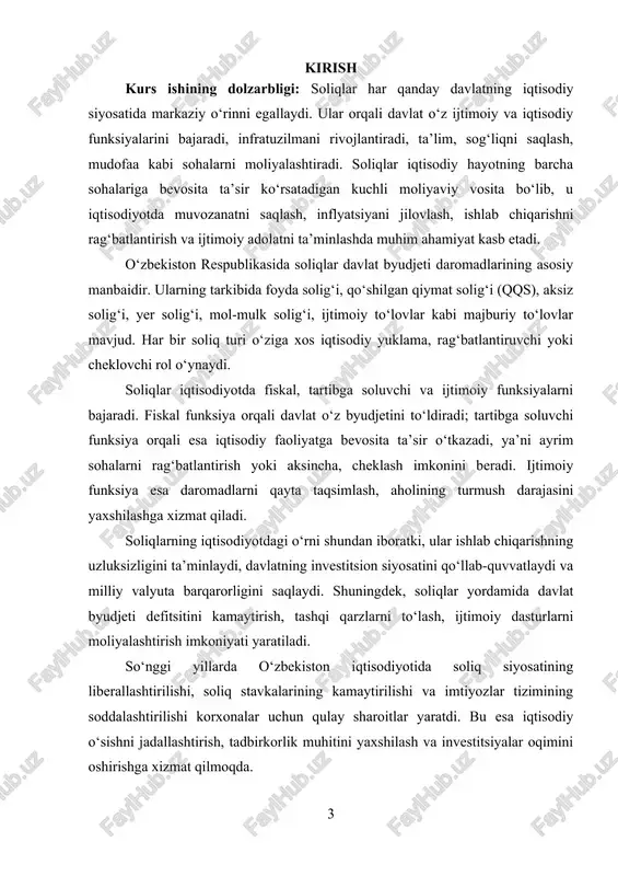 i) va ular orqali amalga oshiriladigan xo‘jalik operatsiyalaridir. mazkur tadqiqot obyekti va predmetini o‘rganish natijasida quyidagi masalalar tahlil qilinadi: · soliq to‘lovlarini aniqlash va hisoblash metodikasi; · soliqlar bo‘yicha debitorlik va kreditorlik qarzlarining tahlili; · buxgalteriya hisobida soliqlarning aks ettirilishining avtomatlashtirilgan usullari; · soliqlar va foyda o‘rtasidagi moliyaviy bog‘liqlik; · schyotlar rejasidagi soliqlarga tegishli schyotlarning o‘zaro bog‘lanishi; · soliq to‘lovlarini nazorat qilishda raqamli texnologiyalarning o‘rni. tadqiqotning amaliy ahamiyati shundaki, uning natijalari buxgalteriya amaliyotini takomillashtirish, soliq to‘lovlarini boshqarish tizimini yanada shaffof va samarali qilishga yordam beradi. shu bilan birga, u korxonalarda moliyaviy intizomni mustahkamlashga, davlat byudjeti daromadlarining barqarorligini ta’minlashga xizmat qiladi. kurs ishining vazifalari: mazkur maqsadni amalga oshirish uchun quyidagi vazifalar belgilab olinadi: 1. soliqlarning iqtisodiy mohiyati va ularning buxgalteriya hisobidagi o‘rnini aniqlash; 2. soliqqa tortish tizimini tartibga soluvchi qonun hujjatlarini o‘rganish; 3. soliqlarga to‘lovlar bo‘yicha hisob-kitoblarning schyotlar rejasidagi aks ettirilish mexanizmini tahlil qilish; 4. 6410, 9810, 9820 kabi schyotlar bo‘yicha …
