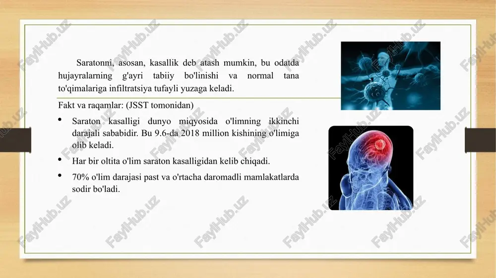 ikni tortib olish uchun ishlatiladi. ko'pincha suyak iligi aspiratsiyalari, ko'krak, prostata va jigar biopsiyalari uchun ishlatiladi. endoskopik biopsiya - ta'sir qilingan joylarni tekshirish uchun endoskop deb nomlangan ingichka, engil naycha ishlatiladi. endoskop tananing tabiiy ochilishi orqali harakatlanadi. bundan tashqari, xuddi shu endoskop orqali g'ayritabiiy to'qimalarni olib tashlash orqali terapevtik usulda foydalanish mumkin. bronkoskopiya va kolonoskopiya ba'zi misollardir. bosh miya saratoni — boshlang’ich joylashuvi bosh miya to’qimasi bo’lgan va hujayralar tuzilmasi, kelib chiqishi sabablari, klinik kechishi va terapiya natijalari bilan farq qiluvchi yomon sifatli o’smalarni o’z ichiga oluvchi umumlashtirilgan nomdir. markaziy asab tizimida birlamchi paydo bo’ladigan bosh miya saratoni juda kam uchraydigan kasallikdir. u odatda 8 yoshgacha bo’lgan bolalik davrida kuzatiladi. bolalarda tarqalganligi bo’yicha miya saratoni qon hosil qilish tizimining yomon sifatli patologiyalaridan keyin ikkinchi o’rinda turadi. katta yoshdagi bemorlarning yoshi — 65-80 yosh. statistikaga ko’ra bu xastalik erkaklar biroz ko’proq kasallanishadi, ammo meningiomalar asosan ayollarda kuzatiladi. bosh miya saratoni sabablari …