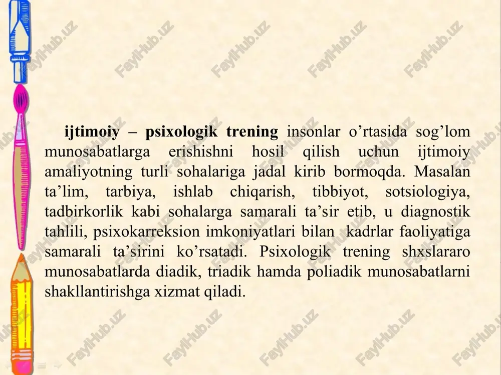 g.a.kovalev l.petrovskaya kabilar tomonidan psixologik treningni shaxsga ta’siri xaqida fikr bildiradi. psixologik treningni quyidagi yo’nalishlari mavjud: perls 1926 tomonidan geshtalt terapiya, k. rodjers -isonga yo’naltirilgan terapiyasi (k.rojersning yozishicha, o‘qituvchi-fasilitator o‘z shogirdlari bilan muloqotda bo‘lib, obrazli qilib aytganda, o‘zgalar o‘rnida turishi, atrofdagi hamma narsaga, jumladan, o‘ziga ham bolalar ko‘zi bilan qarashi mumkin), ekzistensial terapiya (lot. existential- «mavjudlik») insonlar oʻz hayotlari maʼnosini oʻzlari yaratishlarini taʼkidlovchi falsafiy oqimdir.), psixodramaning klassik versiyasida - bu dramatik improvizatsiya mijozning ichki dunyosini o'rganishga xizmat qiladigan guruhli terapevtik jarayon, a.adlerning individual ya’ni o’zini –o’zi o’zgartiruvchi jonzot ekanligi, z.freyd insonni ichki dunyosiga kirish, o’zgartirish va katarsis holatiga yonaltirish 3. treningni tashkil etish bosqichlari va usullari psixologik treninglar tabiiy va maxsus tarzda uyushtirilgan bo’ladi. maxsus tarzda uyushtirilgan treningda alohida vaziyatlar va o‘yin ishtirokchilarining shaxsiy ehtiyojlari, ularda individual shakillanishi zarur bo‘lgan sifatlar katta rol o’ynaydi va shaxs ataylab u yoki bu ijtimoiy psixologik vaziyatga o‘zgalar tomonidan tushurilsa, tabiiy tarzda hosil bolgan …