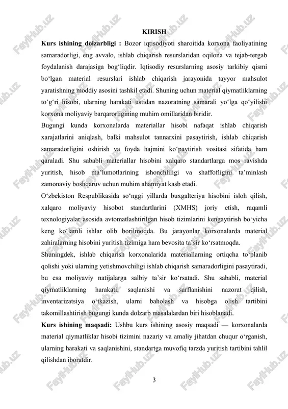 0-guruh schyotlari, jumladan 2010 “asosiy ishlab chiqarish”, 2030 “yordamchi ishlab chiqarish”, 2510 “materiallar”, 1010 “naqd pul”, 1030 “hisob-kitob schyoti” va boshqa schyotlardan foydalaniladi. materiallar hisobining asosiy maqsadi — quyidagilardan iborat: material qiymatliklarning to‘liq va o‘z vaqtida hisobini yuritish; ularning saqlanishi va harakati ustidan nazoratni ta’minlash; ishlab chiqarish xarajatlarini aniq va asosli hisoblash; ortiqcha yoki kamomad materiallarni aniqlab borish; hisobot davrlarida tannarxni to‘g‘ri shakllantirish. kurs ishining vazifalari : kurs ishining maqsadidan kelib chiqib, quyidagi vazifalar belgilandi: material qiymatliklarning iqtisodiy mohiyatini ochib berish, ularning ishlab chiqarish jarayonidagi o‘rni va ahamiyatini tahlil qilish; material zahiralarining tasnifini va baholash usullarini o‘rganish, ularni hisobga olishda qo‘llaniladigan baholash mezonlarini tahlil etish; materiallarning kirimi, chiqimi va sarfini hisobga olishning amaliy mexanizmini o‘rganish, hujjatlar aylanishi, analitik va sintetik hisob schyotlari bilan tanishish; 1. korxona misolida materiallar hisobi holatini amaliy jihatdan tahlil qilish, mavjud muammolarni aniqlash va ularning sabablarini baholash; 2. materiallar hisobini yuritish jarayonini takomillashtirish bo‘yicha ilmiy-amaliy takliflar …