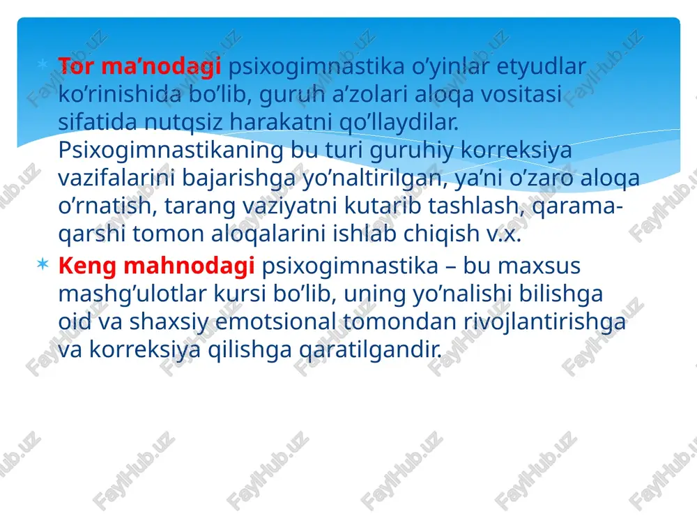 ortishi, ishonch va qat’iylikning ortishi natijasida hosil bo’lgan tarang holatni ko’tarib tashlashni nazarda tutadi. bu yerda mijozlarga boshlangich qismdagi jipslashish hissini boshdan o’tkazishga yordam bergan mashqlardan foydalaniladi. g.yunova metodikasidagi har bir mashg’ulot, ritmika, pantomima, guruhiy o’yin va raqslarni o’z ichiga olib 3 davrdan iborat: 1. tarang holatni chiqarib tashlash. sotsiometriya ahamiyatiga ega bo’lgan yugurish va yurishning turli variantlari orqali erishiladi; kimni sheriklikka tanlash, kim bilan bir komandada birga bo’lish v.x. 2. pantomimika davri. bu davrda guruh a’zolari turli holatlarda, masalan, derazadan o’g’ri tushgandagi, ko’lmakka (botqoqqa) qadam qo’yishga qo’rqqandagi holatni nutqsiz tasvirlab berishlari lozim. 3. yakuniy davr. guruh a’zolari bilan bir tan bir jon ekanlik hissini mustaxkamlash. unda turli ko’rinishdagi jamoaviy o’yin va raqslardan foydalaniladi. m.i.chistyakova kichik yoshdagi bolalarga mo’ljallangan psixogimnastika metodini : 1. mimikali va pantomimikali etyudlar. maqsad – jismoniy va psixik mamnunlik va norozilik hissi bilan bog’liq alohida emotsional holatlarni ifodali tasvirlash. asosiy emotsiyalar va ba’zi ijtimoiy bo’yoqdor hislarni …