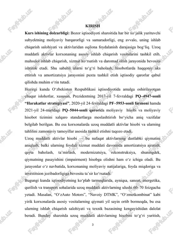 sh hamda xalqaro va milliy moliyaviy standartlari talablari asosida ularning hisobotlarda aks ettirilish tartibini o‘rganishdan iborat. shuningdek, amaliy korxona misolida uzoq muddatli aktivlar hisobi yuritilishini tahlil qilish va ularni takomillashtirish bo‘yicha ilmiy-amaliy tavsiyalar ishlab chiqish ham kurs ishining muhim maqsadidir. kurs ishining predmeti — buxo‘jalik yurituvchi subyektlarda uzoq muddatli aktivlarning shakllanishi, ularni baholash, moliyaviy hisobini yuritish, amortizatsiya jarayonlarini amalga oshirish hamda moliyaviy hisobotlarda haqqoniy aks ettirish bilan bog‘liq iqtisodiy munosabatlar majmuidan iboratdir. uzoq muddatli aktivlar korxonaning ishlab chiqarish jarayonida bir yildan ortiq muddat davomida foydalaniladigan va kelgusida iqtisodiy foyda keltiradigan resurslar bo‘lib, ularning hisobini yuritish moliyaviy tizimining eng muhim yo‘nalishlaridan biridir. shuning uchun kurs ishining predmeti uzoq muddatli aktivlar hisobining nazariy, me’yoriy-huquqiy, metodik va amaliy jihatlarini o‘rganishni qamrab oladi. kurs ishining predmeti, shuningdek, korxona aktivlarini boshqarish samaradorligini oshirish, amortizatsiya siyosatini optimallashtirish, aktivlarning qiymatini real holatda aks ettirish va investitsion jozibadorlikni ta’minlashga qaratilgan iqtisodiy mexanizmlarni ham o‘z ichiga oladi. demak, kurs …