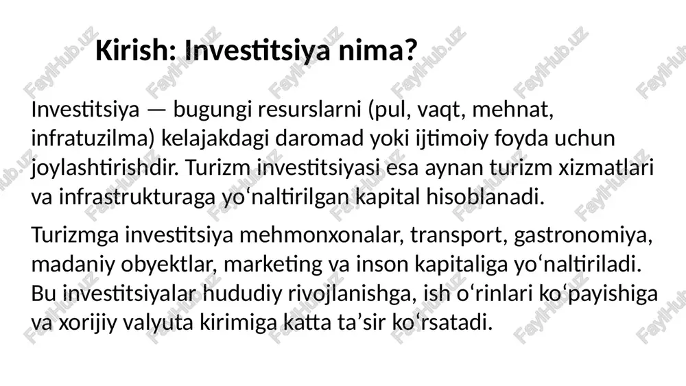 biznes modeli bo‘lib, unda bir brend (franchisor) o‘zining nomi, tizimi va tajribasidan **boshqa tadbirkor (franchisee)**ga foydalanishga ruxsat beradi. franchisee esa brend qoidalariga amal qilib, mustaqil ishlaydi. moliyalashtirish manbalari investitsiyani moliyalashtirish manbalari — bu korxona, davlat yoki investor o‘z investitsion loyihalarini amalga oshirish uchun mablag‘ni qayerdan olishini bildiradi. ya’ni, bu — investitsiya faoliyati uchun zarur bo‘lgan kapital manbalaridir. 1. ichki (mahalliy) moliyalashtirish manbalari bu manbalar mamlakat ichidagi iqtisodiy resurslardan olinadi. 2. tashqi (xorijiy) moliyalashtirish manbalari bu manbalar chet eldan yoki xalqaro moliya tashkilotlaridan olinadi. 3. aralash (kombinatsiyalangan) moliyalashtirish manbalari ko‘plab yirik loyihalar bir nechta manba orqali moliyalashtiriladi. investitsiyani moliyalashtirish manbalari risklar va ularni boshqarish investitsion risk — bu kutilayotgan foyda (daromad) bilan haqiqiy natija o‘rtasida farq paydo bo‘lishi ehtimoli, ya’ni zarar ko‘rish xavfi. oddiy qilib aytganda: “investor foyda olishni rejalashtiradi, lekin turli omillar tufayli kutilgan daromad kamayishi yoki oshib ketishi mumkin.” xulosa investitsiya — bu nafaqat foyda olish imkoniyati, balki xavf …