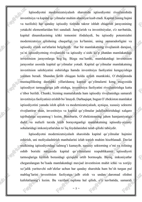 tishga barcha imkoniyatlarimizni safarbar etyapmiz. “har bir oila – tadbirkor” dasturi doirasida o‘z biznesini boshlayotgan oilalarga 5,9 trillion so‘m kreditlar ajratildi….islohotlarimiz natijasida o‘tgan yili 93 mingta yoki 2018-yilga nisbatan qariyb 2 barobar ko‘p yangi tadbirkorlik sub'ektlari tashkil etildi." shu sababdan ushbu kurs ishi mavzusini kapital qo’yilmalarni hisobga olish mavzusini tanladik. ushbu kurs ishi mavzusini quyidagi rejalar orqali yoritib chiqamiz: -kapital qo‘yilmalar hisobining vazifalari; -kapital qo‘yilmalarni buxgalteriyada hisobga olish; -qurilishi tugallangan obyektlarni hamda tugallanmagan qurilishni hisobga olish; -kapital qo’yilmalarini moliyalashtirish samaradorligining nazariy huquqiy masalalari; -kapital qo’yilmalarni moliyalashtirishning zarurligi maqsad va vazifalari; -kapital qo’yilmalarni moliyalashtirishda tijorat banklarining o’rni; yuqorida keltirilgan rejalar asosida xususiy kapital tahlilining ahamiyati va uni qanday usullarda hisoblash mumkinligi va korxona faoliyatini tahlil etishda qanchalik ahamiyat kasb etishini yortib chiqamiz. kapital qo‘yilmalar hisobining vazifalari kapital qo‘yilmalar xo‘jalik yurituvchi subyektlar ishlab chiqarish faoliyatining o‘ziga xos bir shaklidir, u asbob-uskunalarni zamonaviylashtirish, ishlab chiqarish obyektlari va bevosita ishlab chiqarish bilan bog‘liq bo‘lmagan …