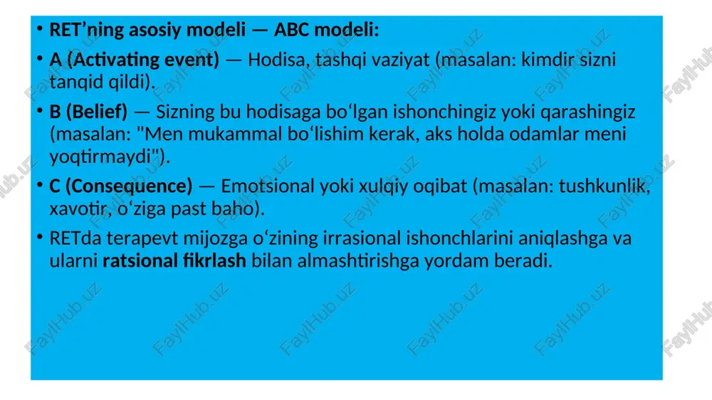 hayotdagi muammolarga konstruktiv (quruvchi) yechim topishni o‘rgatish. shaxsiy o‘sish va o‘z-o‘zini qadrlash ishtirokchilarning o‘zini baholashi, o‘ziga nisbatan mehr va hurmat his qilishlarini oshirish. retning an’anaviy tamoyillari va yondashuvlari: albert ellis quyidagi tamoyillarni retning markaziga qo‘ygan: 1. fikrlar his-tuyg‘ularni belgilaydi hodisa emas, balki unga bo‘lgan yondashuvimiz bizda hissiy reaksiya uyg‘otadi. 2. irratsional fikrlar o‘zimizni azoblashga olib keladi “men har doim muvaffaqiyatli bo‘lishim shart” — bu fikr kuchli bosim tug‘diradi. 3. bu fikrlarni o‘zgartirish mumkin ret odamga o‘z fikrlariga tanqidiy qarashni o‘rgatadi. fikrlar o‘zgarar ekan, hissiyotlar ham yengillashadi. 4. shaxsiy javobgarlik inson o‘z fikr va hissiyotlariga mas'uldir. bu esa o‘zgarish qilishga kuch beradi. amaliy mashqlar orqali o‘zgarish ret nafaqat suhbat, balki uyga vazifalar, yozma mashqlar, “o‘z-o‘ziga savol berish” texnikalari orqali ishlaydi. albert ellis o‘zining ratsional-emotiv terapiyasi (ret) doirasida insonlar azoblanishiga sabab bo‘ladigan eng keng tarqalgan 11 ta irratsional e’tiqod (xolat)**ni aniqlab bergan. bu e’tiqodlar sog‘lom fikrlashga to‘sqinlik qiladi va stress, xavotir, tushkunlik …