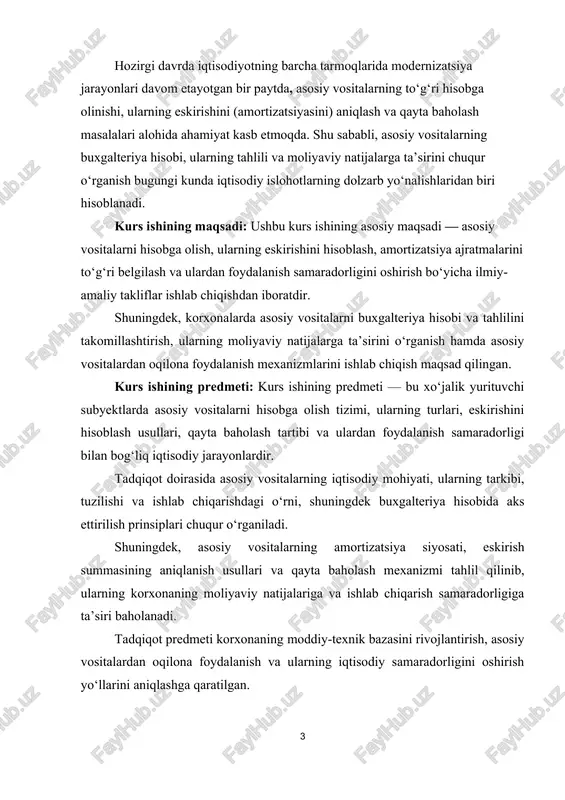 siy vositalar - moddiy ishlab chiqarish va noishlab chiqarish sohalarida uzoq (bir yildan ortiq) muddat davomida foydalaniladigan hamda ijaraga berish uchun mo’ljallangan moddiy aktivlardir». berilgan ta’rifga ko’ra, asosiy vositalarning asosiy xususiyatlari korxonalar faoliyatida uzoq muddat mobaynida foydalanishi yoki ijaraga be-rilishidir. shuningdek, ularning yana boshqa xususiyatlari – xizmat muddati mo-baynida o’zini natural-buyum shaklini saqlab qolishi va o’z qiymatini sekin-asta eskirish tariqasida chiqarib borishidir. asosiy vositalarning foydali xizmat qilish muddati davomida davriy es-kirish hisoblab boriladi. bir qator asosiy vositalarning barcha qiymati eski-rish yo’li bilan hisobdan chiqarib borilsa, boshqa bir turdagi asosiy vositalarning tugatish qiymatidan qolgan qismi eskirish tariqasida hisobdan chiqarib boriladi. i bólim: vositalarning qiymatini tashkil qiluvchi xarajatlar. 1.1. asosiy vositalarning dastlabki qiymatini tashkil qiluvchi xarajatlar tarkibi. 5-bhmsning 9-bandiga muvofiq asosiy vositalar dastlabki qiymati bo’yicha baholanadi va buxgalteriya hisobiga kiritilali. asosiy vositalarni barpo qilish yoki sotib olish uchun ketgan barcha sarfharajatlar qiymati, deganda, jumladan, to’langan va qoplanmaydigan soliqlar, shuningdek, aktivlarni ishchi holatga …