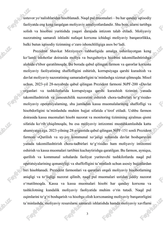 -huquqiy bazasi, xususan markaziy bank tomonidan tasdiqlangan qoidalar va me’yoriy hujjatlar muhim rol o‘ynaydi. bu hujjatlar korxonalar faoliyatida naqd pul operatsiyalarining qonuniyligini ta’minlashga xizmat qiladi. o‘zbekiston respublikasi prezidentining qarorlari va farmonlari, shuningdek, moliya vazirligi va markaziy bank tomonidan belgilangan qoidalar moliyaviy nazorat tizimini takomillashtirish, naqd pul oqimlarini to‘g‘ri boshqarish va ularni hisobga olish jarayonlarini aniq va samarali tashkil etish uchun muhim yo‘l xaritalarini taqdim etadi. shu bois, kassa va kassa muomalari hisobini chuqur o‘rganish nafaqat nazariy jihatdan, balki amaliy jihatdan ham iqtisodiyotdagi o‘zgarishlarga moslashish va samarali moliyaviy boshqaruvni yo‘lga qo‘yishda zarurdir. kassa muomalari hisobi korxonalarda buxgalteriya hisobi tizimining ajralmas qismi sifatida ko‘riladi. to‘g‘ri tashkil etilgan kassa hisobi moliyaviy jarayonlarni yaxshilash, pul mablag‘larini samarali taqsimlash va nazorat qilish imkonini beradi. bu esa o‘z navbatida korxona faoliyatining samaradorligini oshirish va moliyaviy risklarni kamaytirish imkoniyatini yaratadi. shu sababli kassa va kassa muomalari hisobini yuritishda malakali buxgalterlar va moliyaviy mutaxassislarning o‘rni katta ahamiyatga ega. …