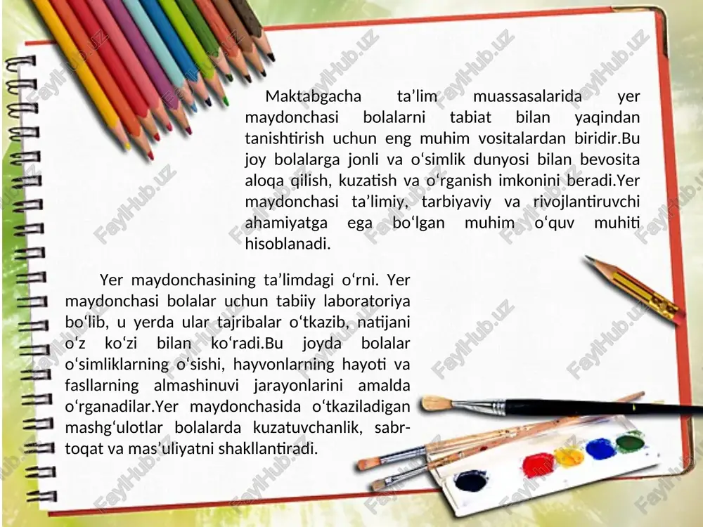 abiatni kuzatishga undaydi. didaktik o‘yinlardan foydalanish. yer maydonchasida “kim tez topadi?”, “qaysi gul birinchi ochildi?” kabi o‘yinlar tashkil etilishi mumkin.bu o‘yinlar bolalarda tez fikrlash, e’tibor va kuzatuvchanlikni rivojlantiradi.o‘yin orqali o‘rganilgan bilimlar bolalarda mustahkamlanadi va ularni qiziqtiradi. tajribalar o‘tkazishbolalar o‘simliklarni turlicha parvarishlab, ularning o‘sishidagi farqni kuzatish orqali oddiy tajribalar o‘tkazadilar.bu tajribalar ilmiy fikrlashni shakllantirib, ularni sabab va natija bog‘liqligini tushunishga olib keladi.yer maydonchasida o‘tkaziladigan tajribalar o‘quv jarayonini jonlantiradi va samaradorligini oshiradi. yer maydonchasining mavsumiy ishlari. har bir faslda yer maydonchasida o‘ziga xos ish turlari bajariladi, masalan, bahorda ekish, yozda sug‘orish, kuzda hosil yig‘ish.bu ishlar bolalarga mehnat jarayonining davriyligini va tabiat qonuniyatlarini o‘rgatadi.mavsumiy ishlar orqali bolalar fasllar almashinuvi va hayotiy tsiklni amalda his qiladilar. yer maydonchasidan foydalanish metodikasi. yer maydonchasidan samarali foydalanish uchun o‘qituvchi dars rejasini aniq tuzishi va har bir faoliyatni maqsadga yo‘naltirishi kerak.faoliyat davomida bolalar bilan suhbat, savol-javob va kuzatuv metodlaridan foydalanish tavsiya etiladi.o‘qituvchi har bir mashg‘ulot natijasida bolalarning yangi …