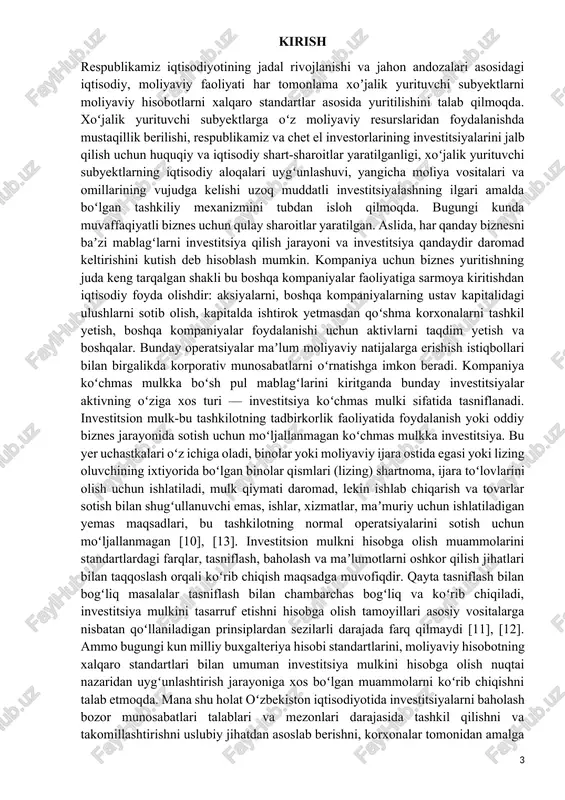 ladigan uzoq muddatli va qisqa muddatli moliyaviy investitsiyalarning hozirgi davr shartsharoitlariga mos keladigan qoidalarini ishlab chiqish zaruratini talab etilmoqda. bozor iqtisodiyoti sharoitida investitsiyalar mamlakat iqtisodiy rivojlanishining muhim omillaridan biridir. ular ishlab chiqarishni kengaytirish, yangi texnologiyalarni joriy etish va ish o‘rinlarini yaratishda muhim rol o‘ynaydi. investitsiyalar o‘z muddatiga ko‘ra uzoq muddatli va qisqa muddatli turlarga bo‘linadi. qisqa muddatli investitsiyalar korxona mablag‘larining vaqtincha bo‘sh qismini foydali joylashtirishga qaratilgan bo‘lib, ular asosan bir yil ichida realizatsiya qilinadi. ilmiy tadqiqotlar institutsional investorlarning fond bozorida ishtiroki bozor barqarorligiga ijobiy ta’sir qilishini ko‘rsatadi. xususan, ularning mavjudligi bozordagi narxlarning haddan tashqari o‘zgaruvchanligini kamaytiradi, kompaniyalarda axborot asimmetriyasini bartaraf etadi va boshqaruv samaradorligini oshiradi. masalan, xitoy bozorida olib borilgan tadqiqotlar natijalariga ko‘ra, institutsional investorlarning ulushi oshgan sayin kompaniyalarning moliyaviy natijalari ham yaxshilanmoqda. bu investorlarning kuchli nazorat va monitoring imkoniyatlariga ega ekanligini anglatadi. yana bir muhim jihat shuki, institutsional investorlar o‘z investitsiyalarini, odatda, uzoq muddatli istiqbolda rejalashtiradi. bu esa fond …