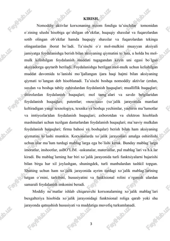 da foydalanish, nazorat qi-lish va boshqarish uchun sotib olinadi; · xo`jalik faoliyatida uzoq muddat foydalaniladi - odatda nomoddiy aktivlar tarkibiga korxona faoliyatida bir yildan uzoq muddat faoliyat ko`rsatadigan (foydalaniladigan) va shu davr mobaynida egalariga huquq va ustunliklar beradigan aktivlar kiritiladi. nomoddiy aktivlar tarkibi turlicha bo`lib, ular bir qator belgilari bo`-yicha tarkibiy qismlarga ajratilib o`rganiladi: identifikatsiyalash, sotib olish, kutilayotgan ustunliklar berish davri, korxonadan ajralishi va boshqalar bo`yicha turkumlanishi mumkin. nomoddiy aktivlarning turkumlanishini izohlashdan oldin korxona no-moddiy aktivlari va ularni tavsifi bilan tanishib chiqaylik. korxona nomod-diy aktivlariga quyidagilar kiradi: patentlar, litsenziyalar, intelektual mulk va savdo belgilari, kompyuter dasturlari, mualliflik huquqi, mijozlar ro`yhati, litsenziya, marketing huquqlari, import kvotalari, tashkiliy xarajatlar, nou-xau, franchayzing va gudvill. patent — huquqiy tan olingan va ro`yxatdan o`tkazilgan mutlaq huquq. patent huquqi o`zining egasiga patentga taalluqli bo`lgan buyumni, jarayonni yoki faoliyatni foydalanish, ishlab chiqarish, sotish va nazorat qilish huquqini beradi. bunda chetdan boshqa shaxslar bevosita aralasha olmaydi. patent huquqi …