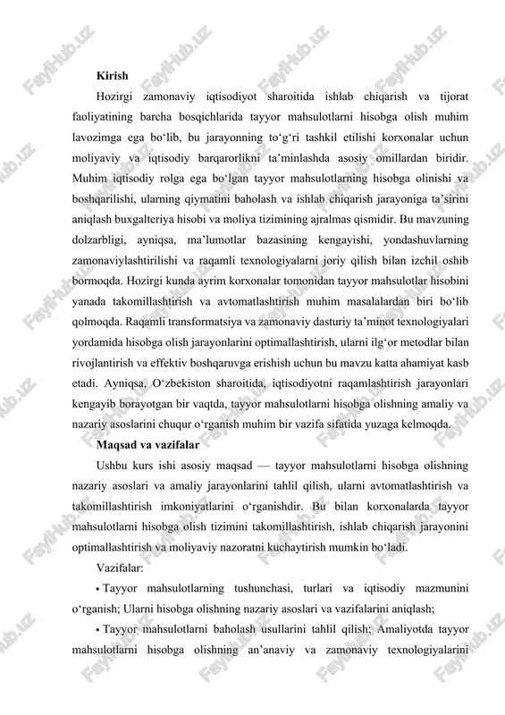chiqaruvchi korxonaning balansida hisobga olinadigan tovarlar tushuniladi. ushbu mahsulotlar korxonaning asosiy biznes faoliyatining natijasi hisoblanadi va ular to‘g‘ridan-to‘g‘ri iste’molchilarga yoki boshqa korxonalarga yetkazib berilish uchun tayyor bo‘ladi. tayyor mahsulotlar ishlab chiqarish jarayonida ishlatilgan barcha resurslarning qiymatini o‘z ichiga oladi va o‘zining iqtisodiy mazmuniga ko‘ra, xom ashyo, materiallar, ishchi kuchi va boshqa ishlab chiqarish xarajatlarining yig‘indisidan tashkil topgan to‘liq tannarxni tashkil etadi. tayyor mahsulotlarning turlari ko‘plab omillarga bog‘liq bo‘lib, ular sanoat, qishloq xo‘jaligi yoki xizmat ko‘rsatish sohasidagi korxonalarda farq qiladi. masalan, o‘zbekneftgaz korxonasida tayyor mahsulotlar gaz va neft mahsulotlari bo‘lsa, o‘zavtosanoatda tayyor mahsulot sifatida avtomobillar, o‘zdonmahsulotda esa qandolat va un mahsulotlari ko‘rinishida bo‘lishi mumkin. shuningdek, tayyor mahsulotlar ko‘paytirish (massoviy ishlab chiqarish), tayyorlash (tayyorlovchi mahsulotlar), tayyor holdagi xizmat yoki maxsus buyurtmaga moslashtirilgan turdagi mahsulotlar bo‘lishi mumkin. iqtisodiy mazmuni nuqtai nazaridan, tayyor mahsulotlar ishlab chiqarish jarayonining samaradorligini va korxonaning daromadliligini aniqlashda muhim indikator hisoblanadi. ularning haqiqiy tannarxi ishlab chiqarish xarajatlari asosida aniqlanadi, shuningdek, …