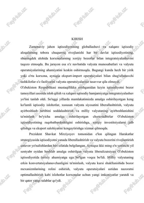 olishning nazariy va amaliy jihatlarini chuqur o'rganish bir nechta muhim sabablarga ko'ra zarurdir. birinchidan, globallashuv jarayonlarining chuqurlashuvi va o'zbekiston iqtisodiyotining xalqaro iqtisodiy tizimga tobora ko'proq integratsiyalashuvi natijasida valyuta operatsiyalari hajmi yildan-yilga ortib bormoqda. statistik ma'lumotlarga ko'ra o'zbekiston tashqi savdo aylanmasi so'nggi besh yilda ikki baravarga oshgan bo'lib, bu valyuta operatsiyalarining ham shunga mutanosib ravishda o'sganligini anglatadi. ikkinchidan, valyuta operatsiyalarining xilma-xilligi va murakkabligi ortib bormoqda. oddiy eksport-import to'lovlaridan tashqari bugungi kunda korxonalar xalqaro kredit va qarz shartnomalarini tuzmoqda, xorijiy investorlar bilan hamkorlik qilmoqda, xalqaro birjalarda operatsiyalar olib bormoqda, valyuta riskini boshqarish uchun hedging vositalaridan foydalanmoqda. bunday murakkab operatsiyalarni to'g'ri hisobga olish va boshqarish yuqori malakali kadrlar va zamonaviy bilimlarni talab qiladi. korxonalar ko'proq erkinlikka ega bo'lgan bir paytda, o'z valyuta operatsiyalarining qonuniyligini va to'g'riligini ta'minlash mas'uliyati ham ortmoqda. bu esa ichki nazorat tizimlarini kuchaytirish, moliyaviy hisobotlarning sifatini oshirish va professional buxgalteriya xizmatini yo'lga qo'yish zaruriyatini tug'dirmoqda. oltinchidan, raqamli texnologiyalarning rivojlanishi valyuta …