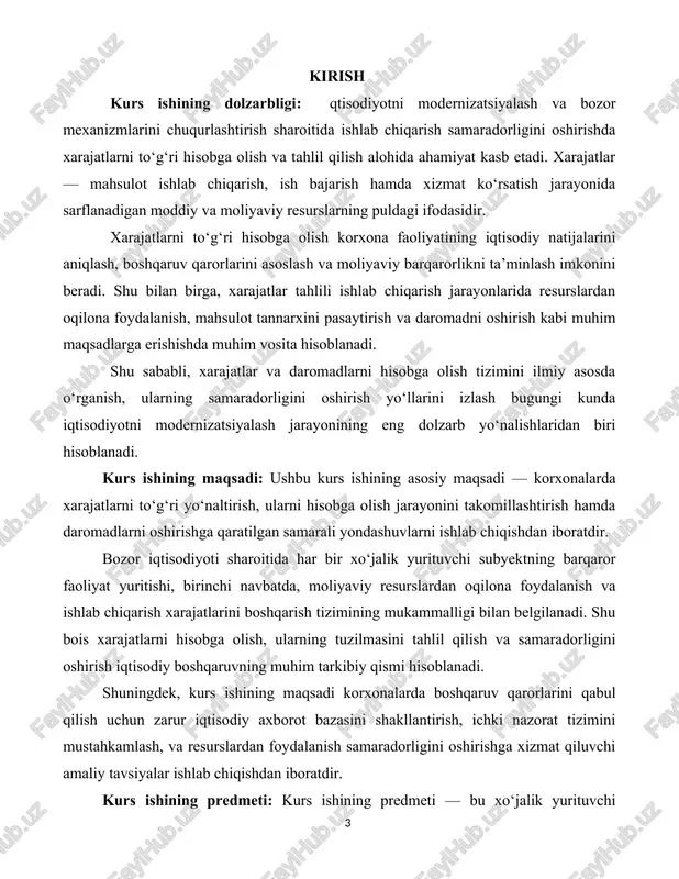 jatlarini hisobga olish va hisobdan chiqarish tartibini aniqlash. korxona daromad turlarini o‘rganish, ularni hisobga olish va tahlil qilish jarayonlarini takomillashtirish; korxonada xarajatlarni kamaytirish, tannarxni pasaytirish hamda foydani oshirish bo‘yicha amaliy takliflar ishlab chiqish. i bólim: xarajatlar va daromadlarni hisobga olinishi hamda guruhlanishi 1.1. daromadlar va xarajatlar tushunchalari va mohiyati. daromadlar, xarajatlar, foyda hamda zarar tushunchalarining quyidagi ta`riflari va ularning mohiyati talabaga buxgalteriya hisobining kontseptual asos–larini o`rganish davomida batafsil yoritib berilgandi: daromadlar – bu sub`ektning xo`jalik faoliyati natijasida, odatda, ijara haqi, foizlar, litsenziya to`lovlari va dividendlar shaklida daromad keltiradigan faoliyat, ya`ni tovarlarning sotilishi, xizmatlarning ko`rsatilishi yoki boshqa shaxslarning xo`jalik sub`ektining resurslaridan foydalanishi natijasida ak–tivlarning kelib tushishi yoki majburiyatlarning kamayishi orqali ruy beradigan iqtisodiy resurslarning ko`payishidir. harajatlar – bu aktivlarning kamayishi yoki foydani ko`paytirish maq–sadida xo`jalik faoliyatidan kelib chiqadigan majburiyatlarni o`z zimmasiga olish orqali ro`y beradigan iqtisodiy resurslarning kamayishidir. foyda – bu xo`jalik sub`ektiga ta`sir etadigan asosiy va asosiy bo`lmagan faoliyat, hodisalar, …