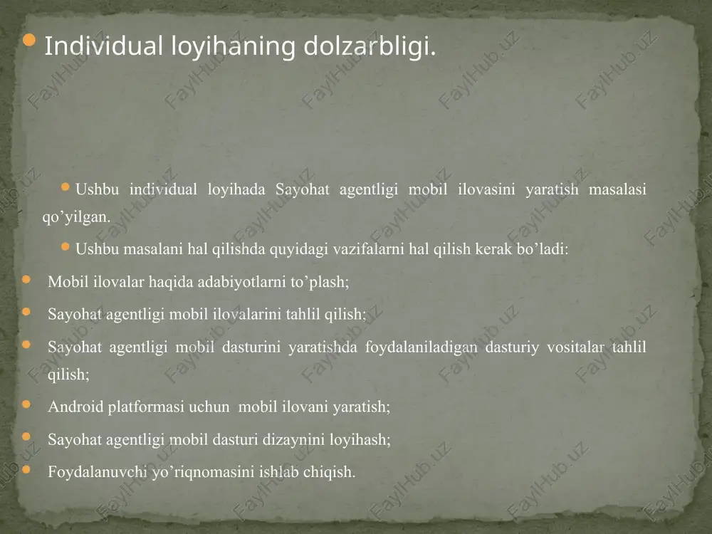 di. ilovaning foydalanuvchi interfeysi (ui) sodda va jozibador, funksional oqimi (ux) esa mantiqiy va tushunarli tarzda qurildi. ilovaning barcha sahifalari android qurilmalarga moslashtirildi va harakatlar soddalashtirildi.natijada, foydalanuvchilar ushbu mobil ilova orqali o‘zlari uchun mos bo‘lgan turistik yo‘nalish va paketlarni tanlash, tafsilotlarini o‘rganish va bron qilish imkoniyatiga ega bo‘ldilar. loyiha turizm sohasida raqamlashtirishni ilgari surish, xizmatlarni ommalashtirish va foydalanuvchilarga tezkor, ishonchli servis taqdim etishga yo‘naltirilgan amaliy yechim bo‘lib xizmat qildi. xulosa image3.png image4.png image5.png image6.png /docprops/thumbnail.jpeg