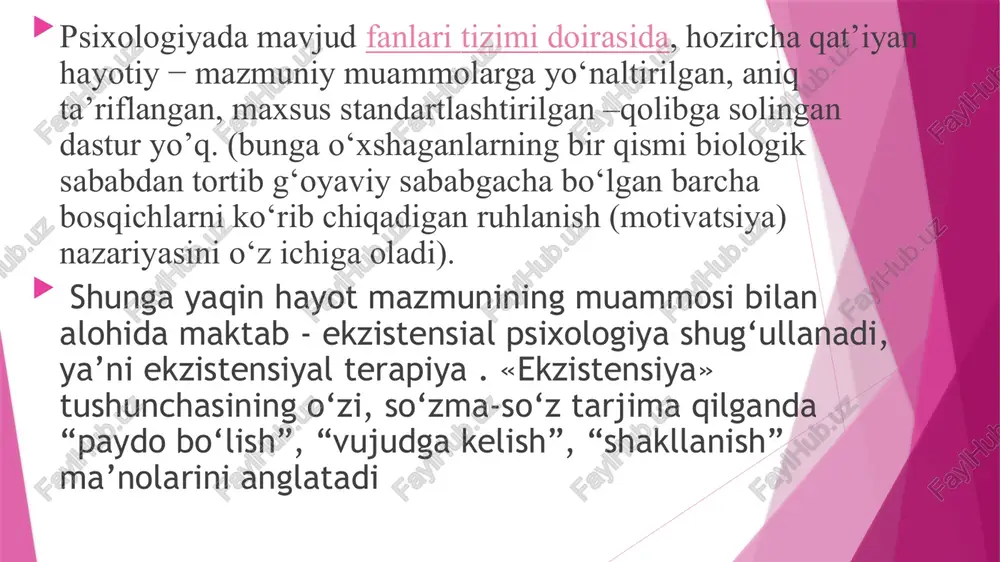 sdan qabul qiladi. bu mijozga qabul qilish va hurmat qilish tajribasini beradi; bu muhitda u qoralanmaydi yoki rad etilmaydi. ushbu muhit orqali mijoz o'zini kimligi uchun so'zsiz qabul qiladigan munosabatlar tajribasiga ega bo'ladi. bu boshqa odamlarni ko'rish va qabul qilishga, ularning tajribalarini ochishga yordam beradi. shu bilan birga, terapevt mijozning barcha xulosalari bilan rozi bo'lishi shart emas: u mijozni faol tinglaydi va unga hamdard bo'ladi, keyin esa o'z tajribalarining manbasini topishga harakat qiladi. psixologik aloqa konsultatsiya davomida mijoz va psixoterapevt o'rtasida aloqa paydo bo'ladi, bu terapiya maqsadlariga erishish uchun zarurdir. ular bir-biriga ta'sir qiladi, hissiy munosabatlarni shakllantiradi. empatiya mijozga yo'naltirilgan psixoterapevt mijozning his-tuyg'ularini eshitadi, tushunadi va baham ko'radi. empatiya tajribasi odamga boshqasidan hukm kutmasdan o'zining to'liq shaxsiyatini ochib berishga imkon beradi. empatiya qilish orqali terapevt odamning o'zi hali sezmagan yoki o'zida sezmagan his-tuyg'ularni sezadi va aniqlaydi. mijoz mos kelmaslik (nekongruent) mos kelmaslik yoki nomuvofiqlik holati insonda zaif va xavotirli holatni …