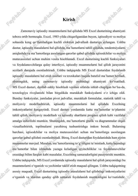 h, tahlil va prognozlash. har bir tur o'ziga xos xususiyatlarga, metodlarga va yechimlarga ega. optimallashtirish masalalari iqtisodiy jarayonlardagi resurslar, vaqt va xarajatlarni minimallashtirish yoki maksimal darajada foyda olish maqsadida yechiladi. misol uchun, ishlab chiqarish jarayonida xom ashyo xarajatlarini va ishlab chiqarish vaqtini qisqartirish orqali maksimal foyda olish uchun optimallashtirish usuli qo'llaniladi. bunday masalalar ko'pincha matematik modellar va statistik metodlar yordamida hal qilinadi. tahlil masalalari esa mavjud ma'lumotlarni o'rganish va tushunish maqsadida amalga oshiriladi. bu masalalar, masalan, iqtisodiy ko'rsatkichlar, bozor tendensiyalari yoki iste'molchilar xulq-atvorini tahlil qilishda qo'llaniladi. tahlil jarayonida ma'lumotlar yig'iladi, ularni statistik usullar yordamida tahlil qilinadi va natijalar asosida qarorlar qabul qilinadi. tahlil jarayonida ko'pincha excel kabi dasturlar yordamida ma'lumotlar vizuallashtiriladi. prognozlash masalalari esa kelajakdagi iqtisodiy holatlarni oldindan ko'rish va bashorat qilishga qaratilgan. prognozlash jarayonida statistik metodlar va vaqt ketma-ketliklari tahlil qilinadi. ushbu masalalar, masalan, iqtisodiy o'sishni, inflyatsiya darajasini yoki bozor talabini prognozlashda qo'llaniladi. excel dasturi bu jarayonda, ayniqsa, time …