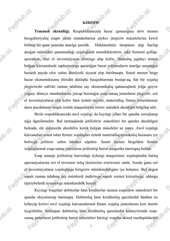 q hàm kreditorlıq qarızlardı analizlep juwmaqlardı anıqlaw; - debitorlıq hàm kreditorlıq qarızlardı esapqa alıw, analizlew hàm onı jetilistiriw boyınsha pikir hàm usınıslar bildiriw h. t. b.; jumıstıń predmeti bolıp bazar ekonomikası sharayatında debitorlıq hàm kreditorlıq qarızlardı buxgalteriya esabınıń milliy standartlarına sàykes tùrde esapqa alıp barıw, debitorlıq hàm kreditorlıq qarızlardı jańa usıllarda analizlew esaplanadı. jumıstıń metadologiyası hàm usılı sıpatında. prezident miynetlerinde kórsetilip ótilgen milliy ideologiya teoriyaları, debitorlıq hàm kreditorlıq qarızlardıń esabı, analizi, boyınsha jazılǵan ilimpazlardıń miynetleri xızmet qıladı. ilimiy jumıstı jùrgiziwde statistikalıq analizlew hàm basqada usıllardan keń paydalanıldı. kurs jumısınıń dùzilisi. jumıstıń dùzilisi kirisiw, 2 baptan, juwmaqlaw hàm paydalanılǵan àdebiyatlar bóliminen ibarat bolıp, kirisiw bóliminde tanlap alınǵan temanıń aktuallıǵı, maqseti ham wazıypalarına tiykarlar berilgen jumıstıń 1-babında debitorlıq hàm kreditorlıq qarızlardıń ekonomikalıq mànisi, olardıń esapqa alıw tàrtipleri boyınsha tolıq tùsinikler berilgen.. jumıstıń 2-babında bolsa debitorlıq hàm kreditorlıq qarızlardı analizlewdiń derekleri kórsetilgen, debitorlıq hàm kreditorlıq qarızlardıń nàtiyjeleri anıqlanıp juwmaqları berilgen, debitorlıq hàm kreditorlıq …