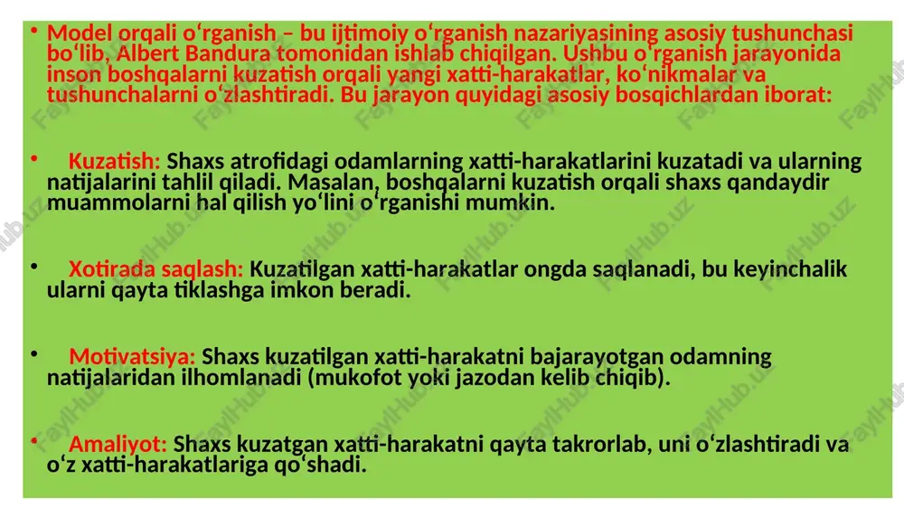 l hayotdagi kuzatuv va amaliyot orqali mustahkamlanadi. korreksion bexivioristik texnikalar: qarama-qarshi shartlantirish. bu tipdagi metodlardan biri sistematik desensibilizatsiya bulib, u notugri javob reaktsiyasiga nisbatan qarama-qarshi reaktsiya xissini ishlab chqkishga karatilgan. masalan, xavotirlanish (bezovtalanish) xissini yo’qotish uchun psixoterapevt mijozni qarama-qarshi reaktsiya xolatidan bo’shashtirishga, ya’ni relaksatsiyaga tushuradi. keyinchalik ijtimoiy turmushda odam bunday vaziyatdan bo’shashi orqali muammoni yechish yo’lini topishi mumkin. imploziv terapiya sistematik desensibilizatsiyadan farqli ularoq, mijozda xavotirlani sezayotgan bo’lsa, unda xavotirlanish kuchayishi natijasida «portlash» keltirib chiqariladi va shu orqali mijoz vaziyatga moslashtiriladi. aversiv shartlantirish ijtimoiy zararli xulqni yuqotishga qaratilgandir. bu metod bo’yicha yoqimsiz xolatni yoki ta’sirni keltirib chiqarish muammoni yechishi mumkin. masalan, alkogol ichsa, ko’stiradigan dori beriladi va bu yoqimsiz qaytarilish undan olinadigan «kayf»ni yo’qqa chiqaradi. keyinchalik davolanuvchi ichishni tashlab yuborishi mumkin. yuqoridagi metodlar qo’rqinchli vaziyatlarni yengishda foydalidir. ulardan foydalanish uchun mijoz roziligini olish maqsadga muvofiqdir. operant metodlar. bu metodlar kerakli xulq-atvor turiga asta-sekinlik bilan yaqinlashtirish printsipiga asoslangan. xulq-atvorni vujudga keltirish …