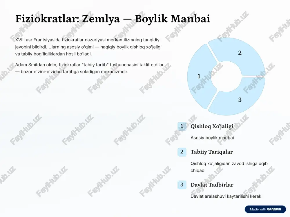 amma.app/?utm_source=made-with-gamma chikago maktabi: bozor erkinligi va monetarizm milton fridman xx asr oxiri klassik liberalizmning asosiy defendant1 bozor erkinligi davlat aralashuvi iqtisodiy muammolari kuchaytirib beradi pul miqdori inflyatsiya 4 pul miqdorining o'sish tufayli hosil bo'ladi chikago maktabi keynesianizmning kritikasini taqdim etdi. ularning ta'siri 4 1980-lar "toza iqtisodiy davr" siyosatini shakllantirib berdi. https://gamma.app/?utm_source=made-with-gamma iqtisodiy tafakkurning taraqqiyoti xvi asrdan bugunagacha iqtisodiy tafakkur evolyutsiyoni 4 davlat aralashuvidan bozor erkinligiga, bozor qoqi institutlargacha bo'lgan yo'ldani ko'rsatadi. 1 xvi-xviii merkantilizm va fiziokratizm 2 xviii-xix klassik va marksista maktablar 3 xix-xx neoklassik, institutsional va keynesian 4 xx-xxi chikago maktabi va zamonaviy yondashuvlar asosiy dars: iqtisodiy nazariyalar tarixiy jarayonni aksini o'zini taraqqiy ettiradi. har bir maktab ushbu devrdagi muammolar va imkoniyatlar javobiga hosil bo'lgan. zamonaviy iqtisodiyot 4 bu turli oqimlarning sintezasi. https://gamma.app/?utm_source=made-with-gamma