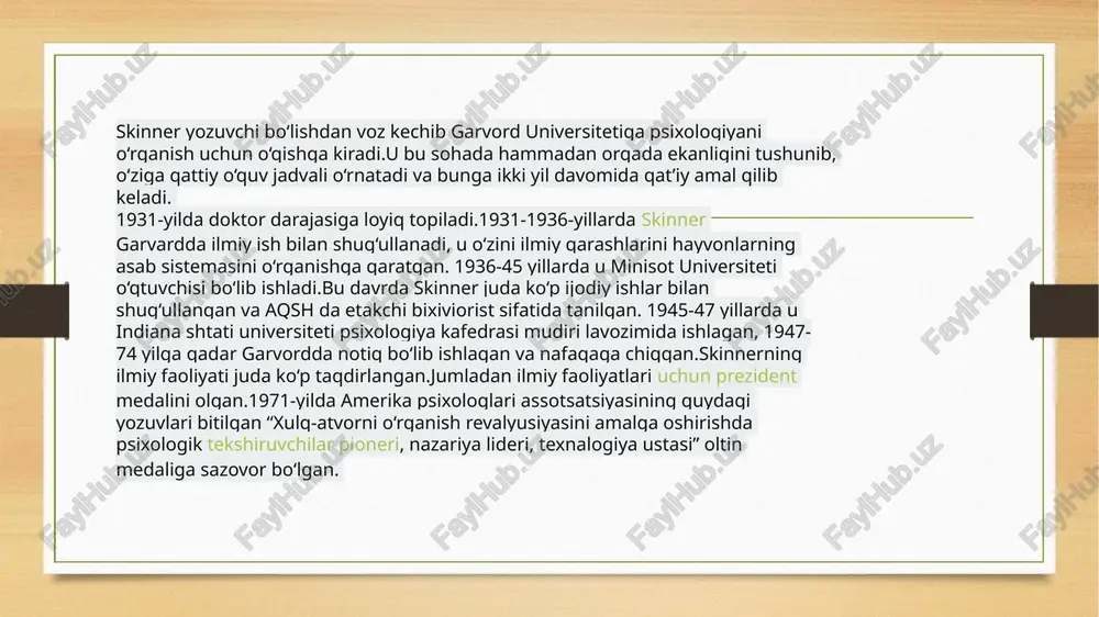 o‘rganishni o‘rganga skinner operant xulq-atvor otasi hisoblanadi, ammo uning faoliyati thorndaykning ta'sir qonuniga asoslanadi. skinner t a'sir qonuniga yangi atama kiritdi: mustahkamlash. quvvatlangan xatti-harakatl ar takrorlanishga intiladi; kuchaytirilmagan xatti-harakatlar yo‘q bo‘lib ketis hga (zaiflashishga) moyil. skinner hayvonlarni eksperiment qilish orqali opera nt konditsionerligini o‘rgangan va uni thorndaykning jumboq qutisiga o‘xshash "skin ner qutisi" ga joylashtirgan. skinner "operant xulq-atvori" atamasini ishlab chiq di, bu kerakli javobdan keyin berilgan ko‘rsatma yordamida xatti-harakatni o‘zg artirishni o‘z ichiga oladi. skinner xulq-atvorni kuzatishi mumkin bo‘lgan uchta javob yoki operantni aniqladi image5.png image6.png image3.png image4.png /docprops/thumbnail.jpeg