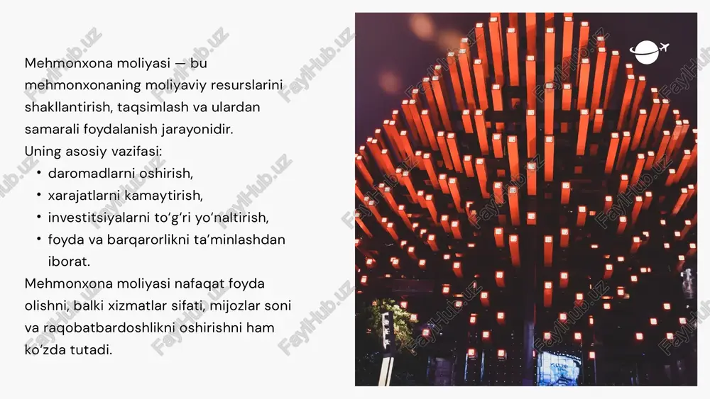 v ekologik toza texnologiyalarni qo‘llash, energiya va suv tejamkorligini oshirish orqali iqtisodiy samaradorlikni ta’minlaydi. afzalliklari: operatsion xarajatlarni kamaytirish qo‘shimcha daromad manbalarini yaratish moliyaviy barqarorlikka erishish brend obro‘sini oshirish atrof-muhitni asrash yashil mehmonxonalar uzoq muddatli raqobatbardosh biznes modeli sifatida tobora ommalashmoqda. o‘zbekiston uchun takliflar o‘zbekiston mehmonxona sohasida katta salohiyatga ega, ammo moliyalashtirishda zamonaviy yondashuvlar zarur. takliflar: mehmonxona loyihalarini rivojlantirishda ipo (aksiyalarni ommaviy joylashtirish) amaliyotini joriy etish. turistik hududlarda yashil mehmonxonalar konsepsiyasini keng tatbiq etish. xorijiy investorlar va xalqaro brendlarni jalb qilish. davlat tomonidan imtiyozli kreditlar va grantlar ajratishni kengaytirish. mehmonxona moliyasida raqamlashtirish va ichki nazorat tizimlarini takomillashtirish. bu takliflar milliy turizmni rivojlantirish va xalqaro raqobatbardoshlikni oshirishga xizmat qiladi. thank you image1.jpeg image2.png image3.svg image4.png image5.svg image6.jpeg image7.jpeg image8.png image9.svg image10.jpeg image11.jpeg image12.jpeg image13.jpeg image14.jpeg image15.jpeg image16.jpeg image17.jpeg /docprops/thumbnail.jpeg