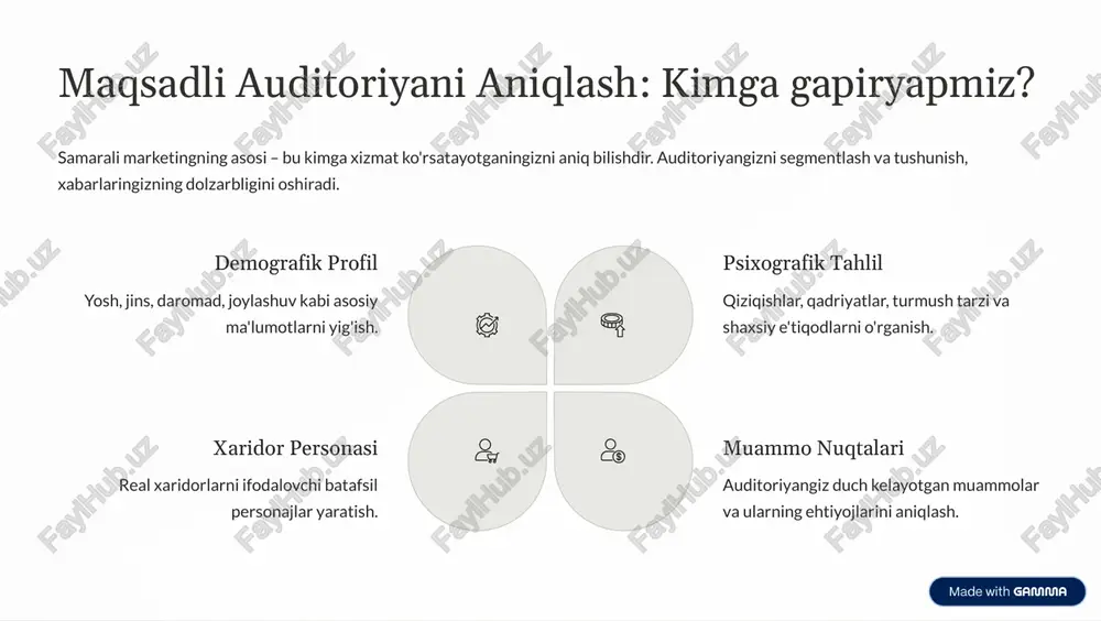 oriya qiziqishlarini saqlab qolish uchun muntazam va rejalashtirilgan postlar. 4 to'lovli reklama maqsadli auditoriyaga aniq yo'naltirilgan pullik kampaniyalarni qo'llash. https://gamma.app/?utm_source=made-with-gamma natijalarni o'lchash va tahlil qilish: muhrning kuchi marketing investitsiyalarining (roi) qaytimini o'lchash va strategiyani doimiy ravishda optimallashtirish uchun aniq ko'rsatkichlar (kpi) zarur. 12% konversiya darajasi ma'lum bir harakatni bajargan foydalanuvchilar ulushi. $1.50 mijozni qayta qilgan xarajat (cac) yangi mijozni jalb qilish uchun sarflangan o'rtacha xarajat. 250k brend e'tirofi kampaniya ta'sir qilgan umumiy foydalanuvchilar soni (ko'rishlar). o'lchovlar shuni ko'rsatadiki, tahlil qilingan ma'lumotlarga asoslanish byudjetni samaraliroq taqsimlashga yordam beradi. https://gamma.app/?utm_source=made-with-gamma muammolar va ularni yengish: haqiqiy misollar marketingda har doim ham hamma narsa rejadagidek ketmaydi. bu yerda keng tarqalgan muammolar va ularni yechish uchun amaliy strategiyalar keltirilgan: muammo: past jalb qilish kontent yaratilmoqda, ammo foydalanuvchilar unga kam e'tibor bermoqda. yechim: qayta maqsadlash auditoriyaning ehtiyojlariga mos keladigan interaktiv formatlar (viktorinalar, so'rovnomalar) va yanada shaxsiy yondashuvni joriy etish.muammo: yuqori cac yangi mijozlarni jalb qilish juda …