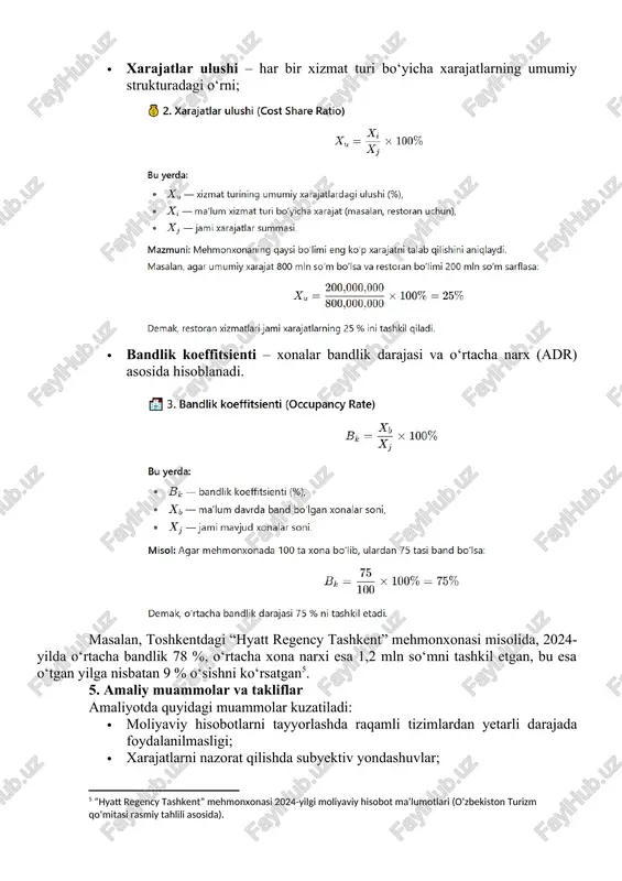 ini aniqlasa, moliyaviy budjet pul oqimlarini boshqarishga xizmat qiladi[footnoteref:4]. [4: horngren c.t., datar s.m., foster g. cost accounting: a managerial emphasis. – pearson education, 2021.] budjetlashtirishning afzalliklari: · harajatlarni optimallashtirish; · resurslardan oqilona foydalanish; · moliyaviy nazoratni kuchaytirish; · foydalilik darajasini aniq prognozlash imkoniyati. 4. mehmonxonalarda daromad va xarajatlar tahlili daromad va xarajatlarni tahlil qilish korxonaning moliyaviy natijalarini baholashda muhim ahamiyatga ega. tahlil jarayonida quyidagilar hisoblanadi: · rentabellik ko‘rsatkichi – foydaning umumiy daromadga nisbati; · xarajatlar ulushi – har bir xizmat turi bo‘yicha xarajatlarning umumiy strukturadagi o‘rni; · bandlik koeffitsienti – xonalar bandlik darajasi va o‘rtacha narx (adr) asosida hisoblanadi. masalan, toshkentdagi “hyatt regency tashkent” mehmonxonasi misolida, 2024-yilda o‘rtacha bandlik 78 %, o‘rtacha xona narxi esa 1,2 mln so‘mni tashkil etgan, bu esa o‘tgan yilga nisbatan 9 % o‘sishni ko‘rsatgan[footnoteref:5]. [5: “hyatt regency tashkent” mehmonxonasi 2024-yilgi moliyaviy hisobot ma’lumotlari (o‘zbekiston turizm qo‘mitasi rasmiy tahlili asosida).] 5. amaliy muammolar va takliflar …