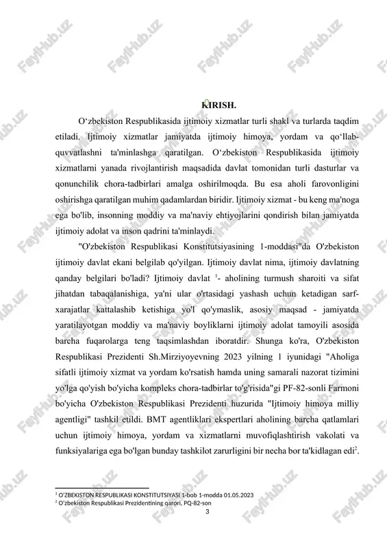 zimi izchil takomillashib bormoqda. so‘nggi yillarda prezident tashabbusi bilan aholining ijtimoiy himoyaga muhtoj qatlamlarini qo‘llab-quvvatlash, ijtimoiy xizmatlar sifati va samaradorligini oshirish bo‘yicha muhim islohotlar amalga oshirildi. shu bilan birga, yangi xizmat shakllari, innovatsion yondashuvlar va raqamlashtirilgan tizimlar joriy qilinmoqda. o‘zbekistonda ijtimoiy xizmatlarning mavjud shakllari va turlari, ularning jamiyatdagi ahamiyati, amalga oshirish mexanizmlari, amaliyotdagi muammolar va ularni hal etish yo‘llari o‘rganiladi. ish davomida nafaqat nazariy bilimlar, balki amaliy misollar va statistik ma’lumotlarga ham asoslaniladi. kurs ishi mavzusining asoslanishi va uning dolzarbligi • ijtimoiy muammolar: o‘zbekiston respublikasida ijtimoiy muammolar, jumladan, kam ta'minlangan oilalar, nogironlar va keksalarga yordam ko‘rsatish masalalari dolzarb hisoblanadi. ijtimoiy xizmatlar bu muammolarni hal qilishda muhim vosita sifatida xizmat qiladi • davlat siyosati: o‘zbekiston hukumati ijtimoiy xizmatlarni rivojlantirishga qaratilgan turli dasturlarni amalga oshirmoqda. ushbu kurs ishi orqali davlat siyosatining samaradorligini baholash va takliflar ishlab chiqish imkoniyatlari ko‘rib chiqiladi. • ijtimoiy barqarorlik: ijtimoiy xizmatlar jamiyatda barqarorlikni ta'minlashda muhim ahamiyatga ega. ular …