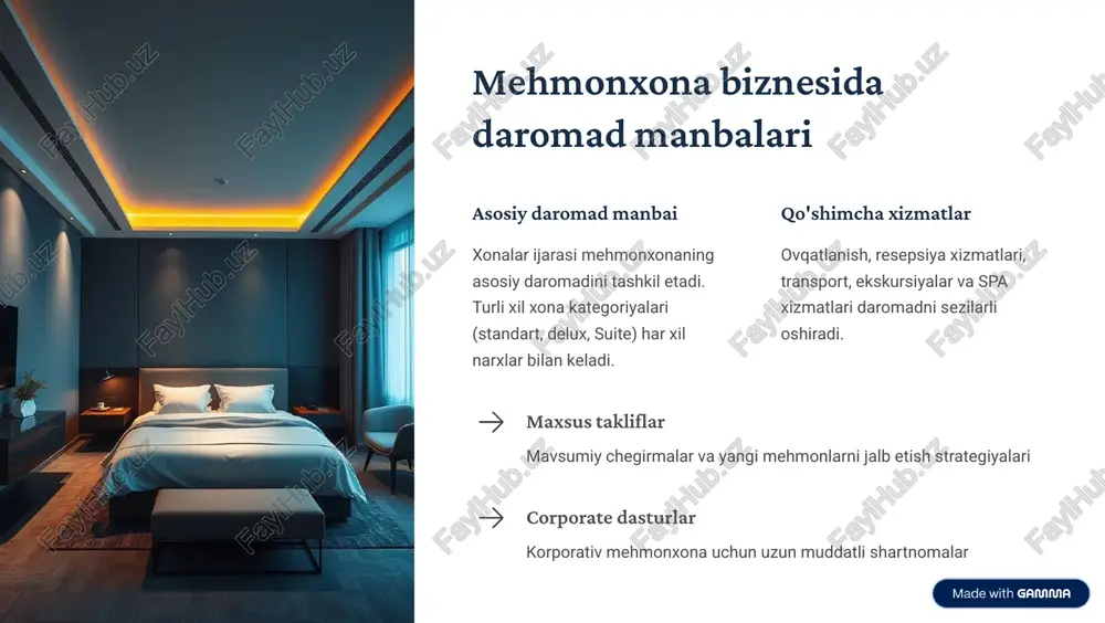 tli o'sishni ta'minlaydi. « doimiy monitoring byudjetni har chorak qayta ko'rib chiqish va bozor o'zgarishlariga tezda moslashish zarur. muvaffaqiyatning kaliti samarali rejalash va nazorat 4 mehmonxona biznesingizni muvaffaqiyatga olib boradigan muhim omillar. https://gamma.app/?utm_source=made-with-gamma