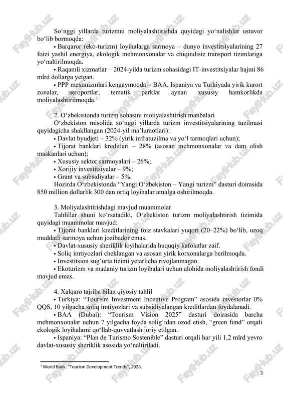 lat-xususiy sheriklik modelini (ppp) eng samarali moliyalashtirish vositasi sifatida ta’riflaydi, chunki u investitsion xavflarni kamaytiradi, foyda kafolatini oshiradi va davlat uchun moliyaviy yukni kamaytiradi. oecd tourism trends (2023) hisobotida turizm investitsiyalarining 65 foizi xususiy kapital, 25 foizi davlat mablag‘lari, 10 foizi esa xalqaro grantlar orqali moliyalashtirilgani qayd etilgan. o‘zbekiston misolida kuvandikov s. (2024) shunday deydi: “turizm investitsiyalarini samarali moliyalashtirishning asosiy sharti – investorlar uchun kafolatlangan muhit, shaffof tartib-taomillar va moliyaviy rag‘batlar tizimini yaratishdir.” shuningdek, demir a. (2020) turkiya tajribasida “davlat tomonidan kafolatlangan turizm kreditlari, soliq yengilliklari va bepul infratuzilma qo‘llab-quvvatlovi” investorlarni faol jalb etishda asosiy omil bo‘lganini ta’kidlaydi. materiallar va metodlar tadqiqotda qiyosiy tahlil, iqtisodiy modellashtirish, ekspert baholash va statistik tahlil metodlari qo‘llanildi. ma’lumotlar manbasi sifatida unwto, world bank, wttc, o‘zbekiston respublikasi turizm qo‘mitasi va investitsiyalar agentligi statistik hisobotlari asos qilib olindi. tadqiqot 2018–2024-yillar oralig‘idagi ma’lumotlar asosida olib borilib, o‘zbekistonning turizm moliyalashtirish holati turkiya, ispaniya, baa, gruziya va malayziya tajribalari …