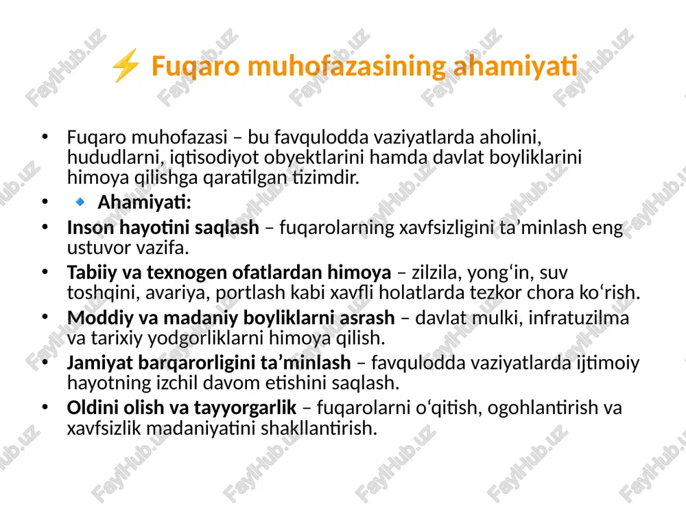 ish yo‘llari intizomga rioya qilish qutqaruvchilarning ko‘rsatmalarini diqqat bilan tinglash va ularga bo‘ysunish. vahimaga berilmasdan, tartibni saqlash. evakuatsiyada yordam oqilona va tartibli harakatlanish. keksalar, bolalar, nogironlar va ayollarga yordam berish. axborot berish qutqaruvchilarga jabrlanganlar joylashuvi, yong‘in yoki xavf manbalari haqida aniq ma’lumot yetkazish. shaxsiy kuzatuvlar orqali qo‘shimcha yordamchi ma’lumot berish. birinchi tibbiy yordam ko‘rsatish oddiy jarohatlar, kuyish yoki hushdan ketishda dastlabki yordamni ko‘rsatish. zarur bo‘lsa, jabrlanganlarni xavfsiz joyga olib chiqishda ko‘maklashish. texnik yordam zarur hollarda yuk ko‘tarish, yo‘lni tozalash, qutqaruvchilar ko‘rsatmasi bilan anjomlardan foydalanishda yordam berish. ogohlantirish va xavfsizlik o‘z vaqtida odamlarni ogohlantirish. qutqaruvchilarga halaqit bermaslik, ortiqcha shovqin yoki to‘sqinlik qilmaslik. qutqaruvchilarga yordam berish yo‘llari intizomga rioya qilish qutqaruvchilarning ko‘rsatmalarini diqqat bilan tinglash va ularga bo‘ysunish. vahimaga berilmasdan, tartibni saqlash. evakuatsiyada yordam oqilona va tartibli harakatlanish. keksalar, bolalar, nogironlar va ayollarga yordam berish. axborot berish qutqaruvchilarga jabrlanganlar joylashuvi, yong‘in yoki xavf manbalari haqida aniq ma’lumot yetkazish. shaxsiy kuzatuvlar orqali qo‘shimcha …