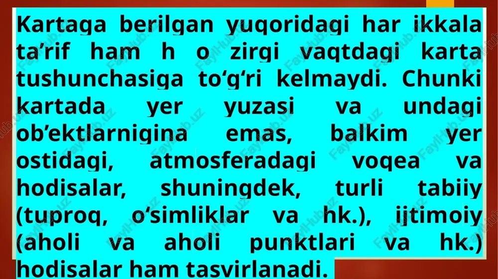 jaligini rejalashtirib, geologik qidiruv 62 ishlarini, qurilish ishlarini va xalq xo‘jalik ishlab chiqarish tarmoqlarini yuritib bo‘lmaydi. ayniqsa kartani o‘rta maktakda ko’rsatadi. masalan, v-x sinflarda kartografiyaga tegishli mavzular ilmiy jihatdan o‘rganishdan tashqari, har bir mavzu oxirida karta bilan bajariladigan amaliy ishlarni bajarishga e’tibor berilgan. natijada o‘rta maktabni bitirgan har bir o‘quvchi biror bir materik yoki mamlakatni kartasidan f o ydalanib u hududni yer yuzasini tuzilishi, xo‘jaligi, iqtisodiyotti, madaniyatini qay darajada ekanligini ilmiy jihatdan baholab berish imkoniyatiga ega bo‘ladi. masalan afrika materigini tabiiy kartasidan foydalanib u materikka ilmiy geografik baho berish mumkin. 5. boshqa kartografik ma’lumotlar. boshqa kartografik ma’lumotlarga quyidagilar kiradi: 1. geografik globuslar; 2. geografik atlaslar; 3. topografik karta; 4. joy plani; 5. profil; 6. blok-diogramma; 7. kontur karta. 1. geografik globus – yer ellipsoidining kichraytirib tasvirlangan modelidir. globus o‘rta maktabda geografik darslarida, ayniqsa, b o shlang‘ich sinflarda (3-5 sinflarda) geografik bilim va amaliy ishlarni tushuntirishda muhim ko‘rgazmali qurol bo‘lib xizmat …