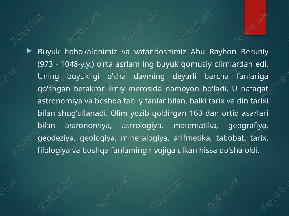 ojik tilida noma'lum m uallif tomonidan yozilgan asarda yer kurrasining inson yashab turgan (to‘rtdan bir) qismidagi mamlakatlar iqlimi, tabiati, xalqlari, urf-odatlari, mashg‘ulotlari to‘g'risida ma'lumotlar berilgan. qo'lyozm ani 1892-yilda tarjimon abulfazl gulpayoganiy buxorodan topib. 1893-yilda sharqshunos a. g. tumanskiyga bergan. v. v. bartol’d “hudud ul- olam” matnini so‘zboshi va izohlar bilan rus tilida, 1937-yilda rus sharqshunosi v. f. m inorskiy ingliz tilida nashr ettirgan. professor h. hasanov o'zining “0 ‘rta osiyolik geograf va sayyohlar” kitobida (toshkent, 1964) “hudud ul-olam” haqida katta maqola yozgan va talay qismining o'zbekcha tarjimasini keltirgan. “hudud ul-olam”ning mazmun-mundarijasi haqida va raqamlab chiqqan bo'lim lari nomiga qarab tasavvur hosil qilish mumkin: 1. muqaddima. 2. yem ing hadlari, obodonligi va vayronalari. 3. dengiz lar va qo'ltiqlar. 4. orollar (jaziraho). 5. tog'lar va ulam ing bag'ridagi m a’dan- lar. 6. daryolar. 7. c ho'llar va qumliklar (biyobonho va regho). 8. jahon viloyat- lari (nohiyathoi jahon). 9. chiniston viloyatining xosiyati. 10. …