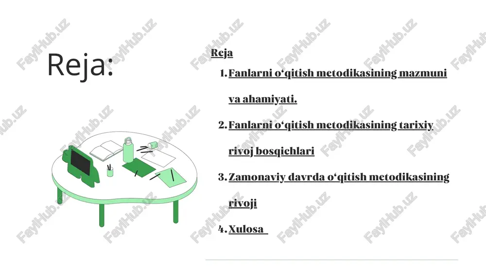 raqamli platformalarda bilim almashish tizimi. xulosa fanlarni o‘qitish metodikasi — qadimdan buyon ta’limning asosi bo‘lib kelmoqda. har bir davr o‘zining ilg‘or metodlarini yaratgan. bugungi kunda metodika innovatsion texnologiyalar bilan uyg‘unlashgan. kelajakda esa sun’iy intellekt yordamida shaxsga yo‘naltirilgan o‘qitish rivojlanadi. adabiyotlar komenskiy y.a. “buyuk didaktika” abdulla avloniy. “turkiy guliston yoxud axloq” “kadrlar tayyorlash milliy dasturi” (1997) pedagogika va psixologiya fanlari to‘plamlari eʼtiboringiz uchun rahmat eʼtiboringiz uchun rahmat