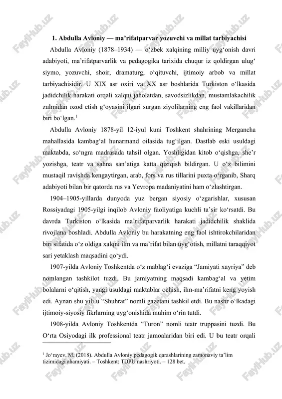 savodsiz, ma’rifatdan yiroq edi. avloniy “turkiy guliston yoxud axloq” orqali o‘z xalqiga milliy o‘zlikni anglash, mustaqillik g‘oyasiga yetaklovchi ma’naviy yo‘lni ko‘rsatgan. u insonning komillikka erishuvi faqat axloq, ilm va tarbiya orqali bo‘lishini ta’kidlagan.[footnoteref:1] [1: ziyayeva, d. (2018). “turkiy guliston yoxud axloq” asarining zamonaviy talqini. – toshkent: yangi asr avlodi. – 96 bet.] 1914–1917-yillarda avloniy “sadoyi turkiston”, “oyna” kabi gazetalarda faol ishtirok etdi. u o‘z maqolalarida turkiston xalqining taqdiri, maorif, ayollar huquqi, milliy birlik, til va madaniyat masalalarini ko‘tarib chiqqan. 1917-yil fevral inqilobidan keyin turkistonda siyosiy hayot jonlandi. avloniy ham bu davrda ijtimoiy faoliyatni kuchaytirdi. u “turkiston muxtoriyati” g‘oyasini qo‘llab-quvvatladi, ammo keyinchalik bu harakat chor va bolshevik qo‘shinlari tomonidan bostirildi. 1920-yillarda avloniy sovet hukumatining ta’lim tizimida faol ishladi. u 1921-yilda toshkentdagi “xalq dorilfununi”da (hozirgi o‘zmu) o‘qituvchi bo‘lib ishladi, keyinchalik o‘zbekiston xalq maorifi komissarligida faoliyat yuritdi. shu davrda u o‘zining ilg‘or pedagogik g‘oyalarini ta’lim tizimiga tatbiq etdi.abdulla avloniy o‘z hayoti davomida nafaqat …