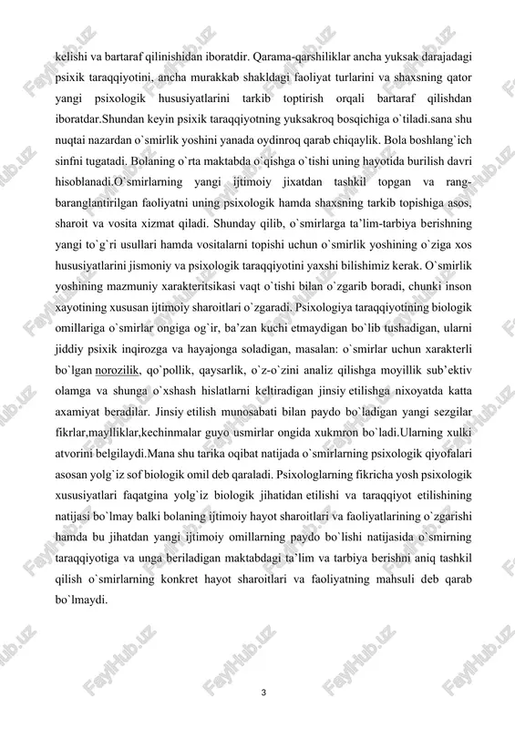 tmaydi shu munosabat bilan o`smirlik yoshi mutloqo aniq ma’lum va absolyut chegara hamda xarakteritsikaga ega emas bu erda ancha muhim bo`lgan ma’lum fikrlar bor. bu farqlarni konkret ijtimoiy omillarning ta’siri bilan va o`smirlarga beriladigan turli ta’lim va tarbiya sharoitlarining ta’siri bilan tushuntirish mumkin.taraqqiyotning asosiy yo`nalishi bolaning o`smirlik davridagi taraqqiyotining asosiy xarakteritsikasini ajratish mumkin.o`smirlik davri organizmning jo`shqin o`sish davridir. bu davrda tananing intensiv ravishda rivojlanishi yuzaga keladi,musqo`l apparatlari mutsahkamlanadi va skeletning suyaklanish jarayoni davom etadi. bu davrda yurak qon tomirlari sitsemasining taraqqiyotida mos kelmaslik hodisasi kuchlaniladi.bu paytda yurak xajmi jihatidan ancha kattalashadi,ancha kuchli ishlay boshlaydi.ko`pincha qon aylanishining vaqtincha bo`zilishida qok bosimining yoshga bog`liq xolda ko`tarilishiga,yurak faoliyatining zo`r berilishiga olib keladi.natijada o`smirlarda uchraydigan bosh aylanishi,yurak urishi,bosh og`rig`i paydo bo`ladi. o`smirlarning yoshi ham jismoniy psixik hususiyatga egadir,organizm pavlov ta’limotiga ko`ra,bir butun sitsemadan iborat bo`lib,bunda barcha to`qimalar va organlar fiziologik jarayonlar uzviy ravishda bir-biri bilan bog`langan bo`ladi. lekin bir butunlikda nerv sitemasi va uning …