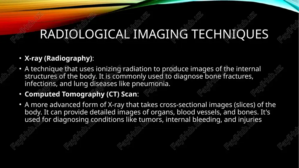 scan), is a medical imaging technique used to obtain detailed internal images of the body. the personnel that perform ct scans are called radiographers or radiology technologists. evaluation of the quality of the x-ray image 1. image clarity and resolution sharpness: the image should clearly show fine details of the structure being examined. a blurry image can make it difficult for radiologists to make an accurate diagnosis. resolution: higher resolution is important for detecting small abnormalities such as fractures or tumors. low-resolution images might miss key features. 2. contrast and brightness contrast refers to the differrence in intensity between different areas of the image. adequate contrast helps to distinguish between different tissues, such as bone and soft tissue. brightness: proper brightness ensures that both dense (e.g., bone) and less dense areas (e.g., lungs) are visible without overexposing or underexposing the image. 3. exposure factors overexposure: can lead to loss of …