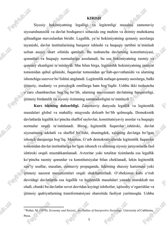 li mintaqalarida yuz bergan siyosiy inqirozlar, ommaviy norozilik harakatlari va hukumatlarning ishonchdan ayrilishi legitemlikning zaiflashishi va legallikning yetarli darajada ta’minlanmasligi bilan bog‘liq. masalan, 2011-yildagi arab bahori voqealari yoki postsovet mamlakatlaridagi siyosiy o‘zgarishlar legallik va legitemlik o‘rtasidagi muvozanatning buzilishi qanday oqibatlarga olib kelishi mumkinligini ko‘rsatdi. o‘zbekiston kontekstida esa mustaqillikdan keyingi davrda amalga oshirilgan islohotlar, xususan, huquqiy tizimni mustahkamlash, shaffoflikni oshirish va fuqarolar ishtirokini rag‘batlantirishga qaratilgan chora-tadbirlar ushbu masalalarni yanada dolzarb qilmoqda. shu sababli, mazkur mavzu nafaqat ilmiy, balki amaliy jihatdan ham katta ahamiyatga ega bo‘lib, davlat va jamiyat o‘rtasidagi munosabatlarni mustahkamlashga xizmat qiladi [footnoteref:3]. [3: heywood, a. (2019). politics (5th ed.). palgrave macmillan. ] kurs ishining obyekti va predmeti. kurs ishining obyekti siyosiy hokimiyatning legalligi va legitemligi tushunchalari va ularning turli siyosiy tizimlarda, xususan, o‘zbekiston respublikasida amal qilish jarayonlaridir. ushbu tadqiqotda legallik va legitemlikning nazariy asoslari, ularning amaliy ko‘rinishlari va davlat boshqaruvi tizimidagi o‘rni o‘rganiladi. predmeti esa legallik va legitemlikning o‘zaro …