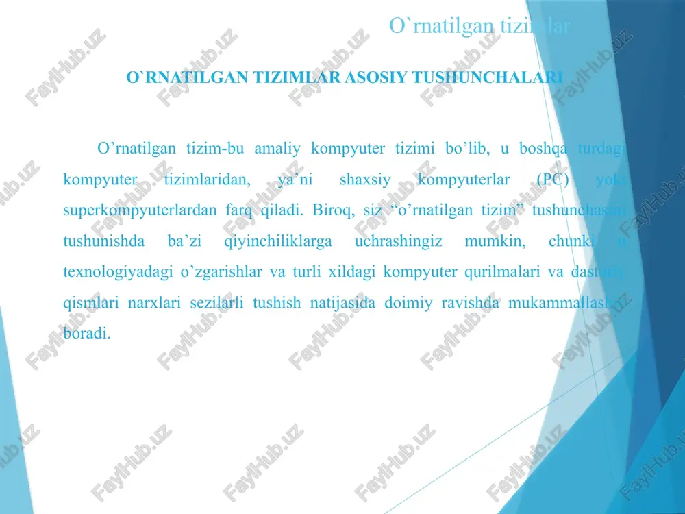 shaxsiy mikrokompyuter va ichki sistemalar uchun ko'pprotsessorli shk uchun ot smart-kart uchun bir dasturli multidasturli real vaqt oti o’rnatilgan tizimlar dasturiy ta’minoti murakkab o’rnatilgan tizimlarni(mo’t) va maxsus asboblik vositalarini qo’llashda muxim rol o’ynaydi. o’rnatilgan tizimlarni loyixalashda dasturiy loyixaga va bunday loyixalarni boshqarish xususiyatlariga maxsus e’tibor berish kerak. dasturiy ta’minot–tizimni qa’tiy maxkamlanmagan (soft - yumshoq) ammo o’zgartirish mumkin bo’lgan kismi.o’zgartirilmaydigan tizimlar(hard- qattiq), masalan,o’z tarkibida dasturiy ta’minotga ega tarmoqli kommutator, apparat ta’minot deb xisoblanadi. o`rnatilgan tizimlar o’rnatilgan tizimlarni dasturiy ta’minoti xususiyatlariga quyidagilar kiritiladi: realvaqt; ishonchlilik; xavfsizlik; apparatlarni kichik resurslari (xotira, tezkorlik, elektrmanbaa); ishga solishni og’ir sharoitlari. o’rnatilgan tizimlarni dasturiy ta’minoti quyidagi usullari bilan quriladi: maxsus masala uchun (maxsuslashgan dt); dmkni virtual mashinasi asosida. o`rnatilgan tizimlar o’rnatilgan tizimlarni amalda qo’llash va testlash dastur loyihalashda murakkab jarayonlar sifatida sozlash bosqichi va testdan o’tkazish jarayoni hisoblanadi. dasturni testdan o’tkazishning maqsadi, ya`ni dasturni sinashdan maqsad, undagi mavjud va engil xosil bo’lgan xatolarni aniqlashdir. sozlashdan maqsad xatolarni …