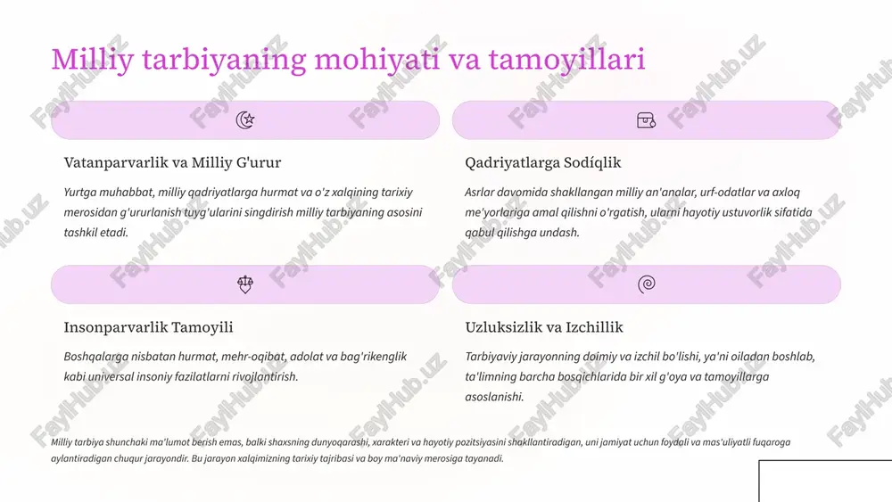 os yaratadi. jismoniy sog'lomlik sog'lom tana – sog'lom aql manbaidir. sport, to'g'ri ovqatlanish va zararli odatlardan uzoq turish orqali bolalarda sog'lom turmush tarzi ko'nikmalarini shakllantirish zarur. bu ularning aqliy mehnat samaradorligini oshiradi. ruhiy barqarorlik jismoniy tarbiya nafaqat muskullarni, balki iroda, chidamlilik va ruhiy barqarorlikni ham mustahkamlaydi. stressga qarshi turish, maqsadga erishishda qat'iyatlilik kabi fazilatlar sport orqali rivojlanadi. intellektual va jismoniy rivojlanish bir-birini to'ldiradi: jismonan baquvvat yoshlar o'qishda ham yuqori natijalarga erishishga qodir bo'ladi, chunki ularning energiyasi va diqqati yuqori bo'ladi. 5 estetik va mehnat tarbiyasi: shaxs kamolotining ajralmas qismi estetik tarbiya go'zallikni his qilish, san'atga, adabiyotga va tabiatga muhabbat uyg'otish shaxsning ruhiy olamini boyitadi. estetik tarbiya ijodiy qobiliyatlarni, tasavvurni va nozik didni shakllantiradi. bu, o'z navbatida, hayotga ijodiy yondashuvni rivojlantiradi va dunyoni turlicha idrok etishga yordam beradi. san'at orqali hissiy intellekt oshadi. mehnat tarbiyasi mehnatsevarlik va kasbiy ko'nikmalar barkamol shaxsning ijtimoiy hayotdagi muvaffaqiyatini ta'minlaydi. mehnat tarbiyasi yoshlarda mas'uliyat, intizom, qiyinchiliklarni …