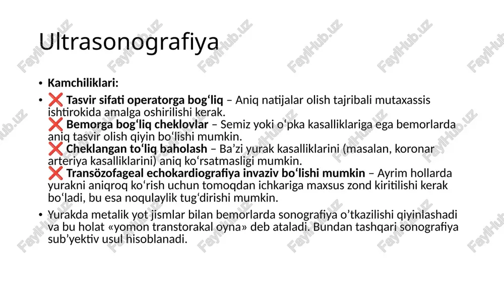 ng yaxshi usullardan biri hisoblanadi. yurak asosan «tez», real vaqtga tasvir bera oladigan kt larda (elektron nurli va ko’p kesmali spiral) tekshiriladi. bu tekshiruvlarlarda qo’shimcha konstrast yuborilib kt-kardioangiografiya o’tkaziladi. kompyuter tomografiya afzalliklari yuqori aniqlik – kt organlar va to‘qimalarning aniq va batafsil tasvirini taqdim etadi. tezkorlik – tekshiruv nisbatan tez amalga oshiriladi (odatda bir necha daqiqada). ko‘p qirrali qo‘llash – kt bosh miya, o‘pka, yurak, qorin bo‘shlig‘i organlari, suyak va bo‘g‘imlar, qon tomirlar kabi turli tizimlarni tekshirish uchun ishlatiladi. qon tomirlar va o‘sma jarayonlarini ko‘rish imkoniyati – kontrast modda ishlatilganda qon tomirlari va o‘smalar aniq ko‘rinadi. shoshilinch vaziyatlarda samarali – ichki qon ketish, suyak sinishlar va boshqa favqulodda holatlarni tezkor tashxislashda juda foydali. ortirilgan poroklar gemodinamikasi mitral stenoz. mitral teshigi torayishi - chap bo’lmacha gipertrofiyasi – chap bo’lmacha dilatatsiyasi – o’pkada qon dimlanishi (erta bo’ladi) – kitayv refleksi («o’pkani sildan saqlaydi», arteriolalar qisqarishi) – arterial gipertenziya – o’ng qorincha gipertrofiyasi …
