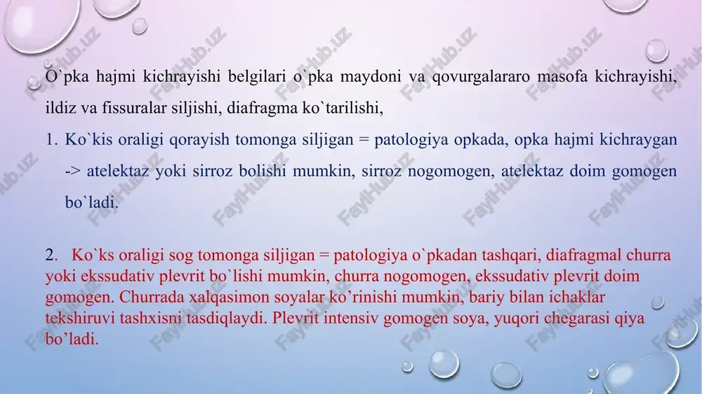 og’riq, harorat, balg’amda kista suyuqligi va membranalari fragmentlari, allergik reaksiyalar. yumalok, chegarali tekis, gomogen, o’lchami 1-20 sm (katta bo’lishi xos), atrof to’qimalarda o’zgarishlar yo’q. bir nechta bo’lishi (25%), devori ohaklanishi (1%) mumkin. exinokokk kistasi. menisk belgisi – xitin ajragandan so’ng, kista ichida o’roq shaklida havo yorug’ligi ko’rinadi devoriga yaqin, parus, liliya simptomi - suyuqlik va havo gorizontal darajasi + suyuqlik ustida xitin fragmentlari havoli kista ichida chuvalchangsimon tuzilma – ajralgan xitin havoli kista ichida (devoriga epishgan) tuzilma. asoratlari: bronx, plevraga erilishi (gidropnevmotoraks), infeksiya tushishi. bronx bilan aloqa qilganda ko’rinishi o’zgaradi: ko`krak qafasi to`g`ri proyeksiyadagi tasvirlari (a-o`ng o`pka sharsimon soyalanish sindromi ko`ks oralig`i a`zolari o`zgarishsiz ( exinokokk). b - chap o`pka sharsimon soyalanish sindromi 2-ta soya ( exinokokkoz) a b klinikasi- sekin namoyon bo`ladi, leykositoz, soe kutarilishi kam.o`pkaning yuqori maydonida (2, 6 segmentlarda), atrofida shu, boshqa o`pkada qo�shimcha o`choqli o`zgarishlar, chegarali aniq tekis/notekis, o`lchamlari 4 sm gacha, struktura nogomogen kalsinatlar va …