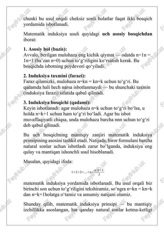 asalan, ko‘pburchakning ichki burchaklari yig‘indisini aniqlashda induksiya qo‘llaniladi. ma’lumki, nnn-burchakning ichki burchaklari yig‘indisi ga teng. isbot: · 1-bosqich (bazis): uchburchak (n=3) uchun bu to‘g‘ri. · 2-bosqich (induksiya taxmini): faraz qilaylik, bu formula n=k uchun to‘g‘ri. · 3-bosqich (induksiya qadami): agar kkk-burchakka bitta qo‘shimcha tomon qo‘shsak, yangi shakl (k+1) burchak bo‘ladi. yangi burchak qo‘shilganda bir uchburchak hosil bo‘ladi, demak, umumiy yig‘indi yana 180 ga ortadi. shunday qilib, ya’ni formula barcha n uchun to‘g‘ri. bundan tashqari, induksiya yordamida ko‘pburchakning diagonallari sonini, figuralar ketma-ket joylashganda hosil bo‘ladigan umumiy sirt maydonini, yoki geometrik shakllarning rekursiv o‘sishini ham isbotlash mumkin. masalan, nnn-burchakning diagonallari soni quyidagi formula orqali topiladi: bu formula ham matematik induksiya yordamida isbotlanadi. shunday qilib, matematik induksiya geometriyada murakkab figuralarning xossalarini umumiy shaklda isbotlash imkonini beradi. u nafaqat nazariy jihatdan, balki amaliy masalalarni hal etishda ham ishonchli va mantiqiy usul sifatida xizmat qiladi. matematik induksiya usulining geometrik isbotlardagi ahamiyati matematik induksiya usuli geometriyada …
