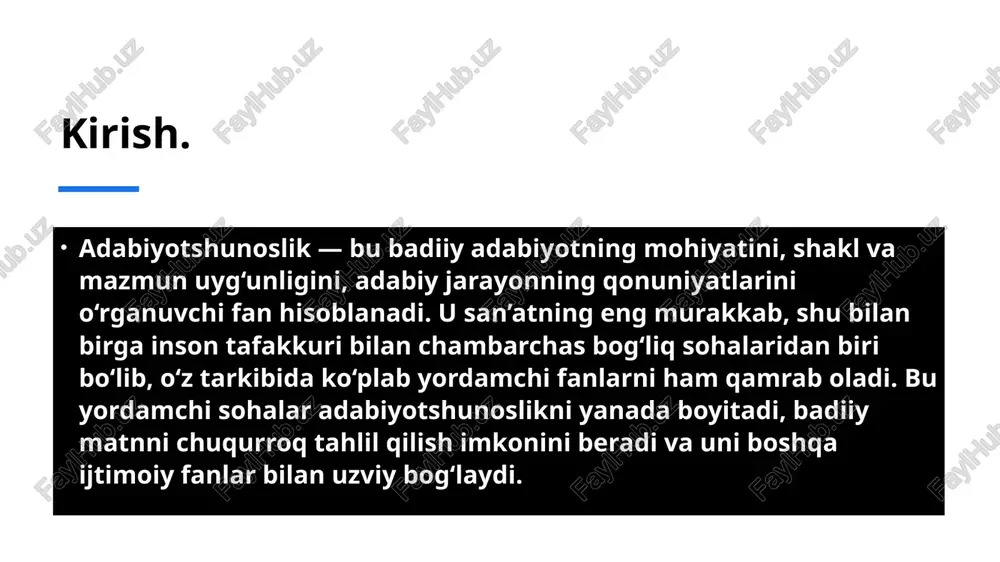 ari shu yo‘nalishga kiradi. poetika poetika — adabiy asarning shakl, tuzilish, badiiy obraz, til, kompozitsiya, janr va estetik ifoda tizimini o‘rganadigan fan. yunoncha “poietikos” — “yaratish san’ati” degan so‘zdan kelib chiqqan.poetika adabiyot nazariyasi bilan bevosita bog‘liq bo‘lib, asarning ichki go‘zallik qonuniyatlarini ochib beradi. u uch ko‘rinishda namoyon bo‘ladi: 1. umumiy poetika – badiiylik qonuniyatlarini nazariy jihatdan o‘rganadi.2. xususiy poetika – muayyan yozuvchi yoki asarning badiiy xususiyatlarini tahlil qiladi.3. tarixiy poetika – poetik shakllarning vaqt o‘tishi bilan o‘zgarishini kuzatadi.masalan, aristotelning “poetika”si, belinskiy, baxtin, quronov d. kabi olimlarning ishlari poetikaning rivojiga asos bo‘lgan. stilistika stilistika – yozuvchi tili, nutq uslubi, badiiy ifoda vositalari va ularning individual qo‘llanilishini o‘rganadigan soha. bu fan yozuvchi uslubining o‘ziga xosligi, obrazlilik darajasi, tildagi emotsional boylikni tahlil qiladi.masalan, cho‘lponning lirikasidagi poetik ohang, g‘afur g‘ulom asarlaridagi yumoristik til, o‘tkir hoshimov romanlaridagi xalqona nutq elementlari stilistik tahlil ob’ektidir. stilistika ikki yo‘nalishga bo‘linadi: 1. til stilistikasi – umumxalq tili doirasidagi uslubiy …