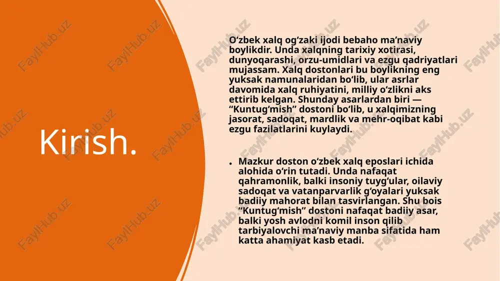 faatini, vatan sha’nini va sevgan yorini himoya qilishga tayyor. unga xalqning eng yuksak fazilatlari singdirilgan. > “yigit bo‘lsa, kuntug‘mishday bo‘lsin, so‘zi to‘g‘ri, yo‘li oq bo‘lsin, yor yo‘lida jon bersa ham, nomini xalq unutmasin.” bu satrlar xalq idealining ifodasidir. kuntug‘mishda jasorat bilan axloq bir butunlikda tasvirlanadi. u nafaqat jangchi, balki donishmand, halol va fidoyi insondir. oybarchin — ayollik fazilatlarining yuksak timsoli. u go‘zallik, vafodorlik, sabr va sadoqat timsolidir. u kuntug‘mish uchun sinov maydoniga aylanadi: uning muhabbat yo‘lidagi sabr-bardoshi xalqona hikmatlarga uyg‘un. > “oybarchin sabr bilan kutar, yurakda so‘nmas umid yotar, yori kelar deb, oy yo‘lini kuzatar.” bu obraz orqali xalq ayolning vafodorligi, sadoqati va ishonchini ulug‘laydi. yordamchi va qarama-qarshi obrazlar dostonda kuntug‘mishga hamroh bo‘luvchi sadoqatli do‘stlar ham, hasadgo‘y raqiblar ham mavjud. bular xalq hayotidagi ijtimoiy kuchlarning badiiy ifodasidir. masalan, dushmanlar — yovuzlik, xiyonat, kibr; kuntug‘mish — ezgulik, to‘g‘rilik va mardlik ramzidir. 4. asarning ma’naviy va tarbiyaviy ahamiyati “kuntug‘mish” dostoni o‘zbek xalqining …