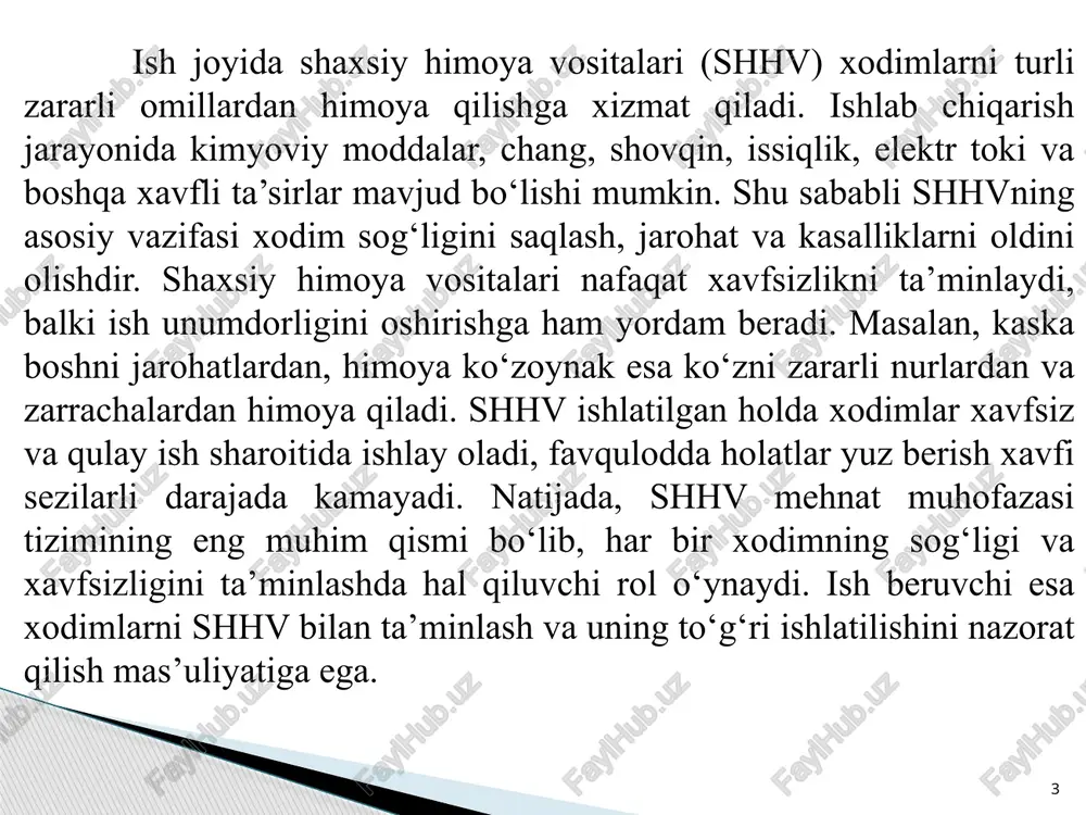 imoya qilishga xizmat qiladi. bu vositalarga himoya ko‘zoynaklari, vizirlar, niqoblar va maxsus yuz niqoblari kiradi. ko‘z va yuz himoyasi juda muhim, chunki ko‘z inson organizmida eng nozik va sezgir organlardan biridir. laboratoriya, qurilish, metall kesish yoki kimyo korxonalarida ishlash paytida himoya ko‘zoynaklari ko‘zni chang, metall zarralari yoki kimyoviy moddalar ta’siridan saqlaydi. vizirlar esa yuzni butunlay qamrab oladi va issiqlik, kimyoviy moddalar yoki suyuqliklar ta’siridan himoya qiladi. himoya vositalarini ishlatishda ularni to‘g‘ri tanlash va muntazam tozalash juda muhim. har bir vosita xodimning ish turiga va xavf darajasiga mos bo‘lishi kerak. shu tarzda, ko‘z va yuzni himoya qilish vositalari xodimlarni jarohatlar va kasalliklardan samarali himoya qiladi hamda ish joyida xavfsiz ish muhitini yaratadi. 7 quloq, qo‘l va oyoq himoyasi: ish joyida xodimlarni turli jismoniy va kimyoviy ta’sirlardan himoya qilish uchun quloq, qo‘l va oyoq himoyasi vositalari ishlatiladi. quloq himoyasi vositalari — maxsus naushniklar yoki quloq plastinkalari shovqinli ish muhitida quloqni shikastlanishdan saqlaydi. …