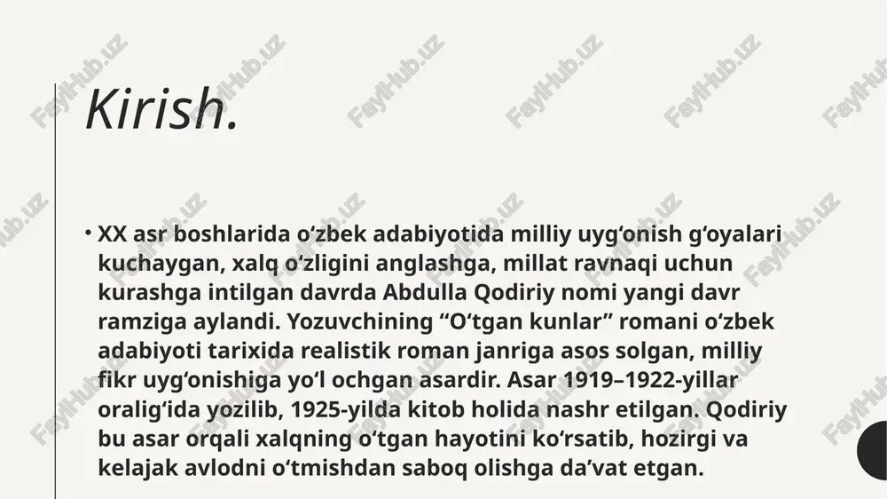 , e’tiqodli inson. u o‘g‘li otabekning yangilikka intilishini tushunmasa ham, uning insoniy fazilatlarini hurmat qiladi.homid — jamiyatdagi illatlarning ramzi. u hasad, ochko‘zlik, xiyonat va buzuq niyatlar bilan yashaydi. qodiriy bu obraz orqali insonning ma’naviy tubanligini fosh etgan. kumush obrazi kumush — “o‘tgan kunlar” romanining eng yorqin, ideal ayol timsollaridan biridir. u otabekning sevgan yoridir va asarda ayolning sadoqati, mehr-muhabbati, vafodorligi, aql-zakovati orqali qodiriy o‘z orzusidagi o‘zbek ayoli timsolini yaratgan.kumush obrazida o‘z zamonasining ilg‘or fikrli, sadoqatli, ammo taqdir sinovlariga duch kelgan ayol ko‘rinadi. u o‘z sevgisiga sodiq, ammo jamiyatdagi eskicha urf-odatlar tufayli fojiaga yuz tutadi. kumushning hayoti o‘sha davrdagi ayollar taqdirining ramzidir. u otabek bilan haqiqiy muhabbatni kechiradi, lekin fitna, rashk va ijtimoiy to‘siqlar tufayli halokatga olib boruvchi yo‘lga kiradi. zaynab obrazi zaynab — “o‘tgan kunlar” romanida kumushning qarama-qarshi qutbi sifatida yaratilgan. u tashqi go‘zallikka ega bo‘lsa-da, ichki dunyosi tor, rashk va manmanlik bilan to‘lgan ayoldir. zaynabning xarakteri orqali abdulla qodiriy …