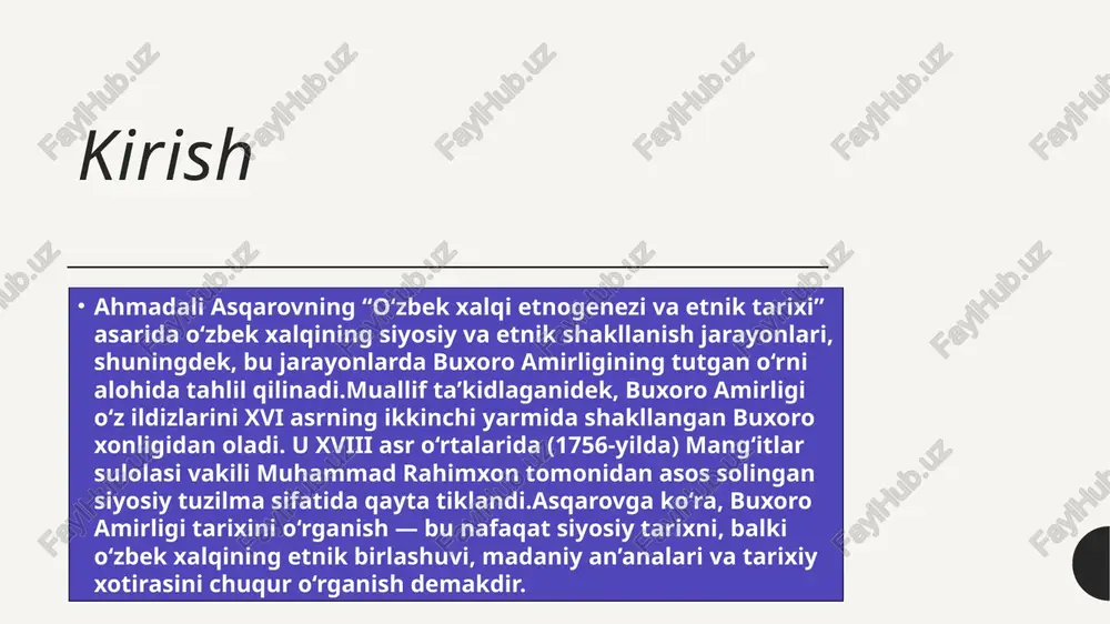 richa, buxoro amirligi tarixini o‘rganish orqali o‘zbek xalqining milliy o‘zligi, etnik birlik g‘oyalari va davlatchilik an’analarini yanada chuqur anglash mumkin.uning asarida ta’kidlanishicha, o‘zbek xalqining shakllanish jarayoni xvi asrdan xx asr boshlarigacha bo‘lgan uzoq tarixiy davrni o‘z ichiga oladi va buxoro amirligi bu jarayonning eng muhim bosqichidir.shuning uchun bu davrni o‘rganish bugungi tarixshunoslikda nafaqat ilmiy, balki ma’naviy va tarbiyaviy ahamiyat kasb etadi. xulosa xulosa qilib aytganda, ahmadali asqarovning “o‘zbek xalqi etnogenezi va etnik tarixi” asari buxoro amirligi tarixshunosligini milliy etnogenez kontekstida chuqur tahlil etgan fundamental tadqiqotdir.muallif buxoro amirligini o‘zbek xalqining etnik, siyosiy va madaniy shakllanishi jarayonidagi markaziy tarixiy davr sifatida baholaydi.asar nafaqat tarixiy faktlarni, balki ularning milliy o‘zlik va madaniy merosga ta’sirini ham yoritib beradi. image1.tmp /docprops/thumbnail.jpeg